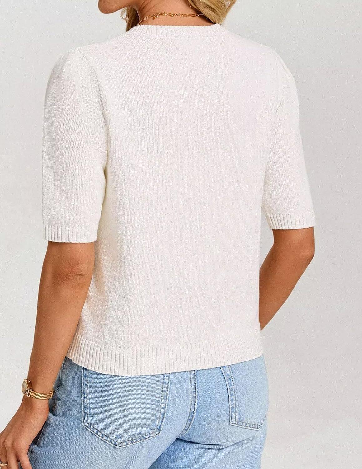 imageGRACE KARIN Short Sleeve Cardigans for Women Spring Cropped Cotton Sweaters Trendy Crew Neck Button Up Tops CasualWhite
