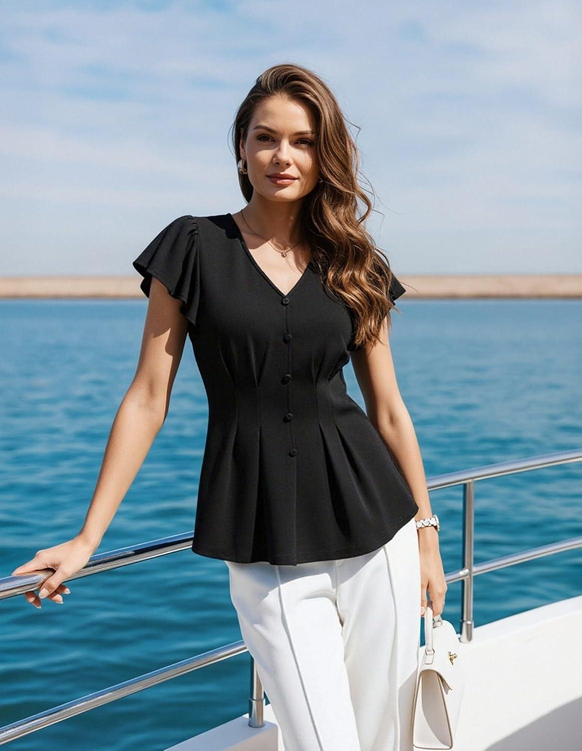 imageGRACE KARIN Summer Blouses for Women Dressy Casual 2026 Ruffle Sleeve Peplum Tops V Neck Business Work Shirts