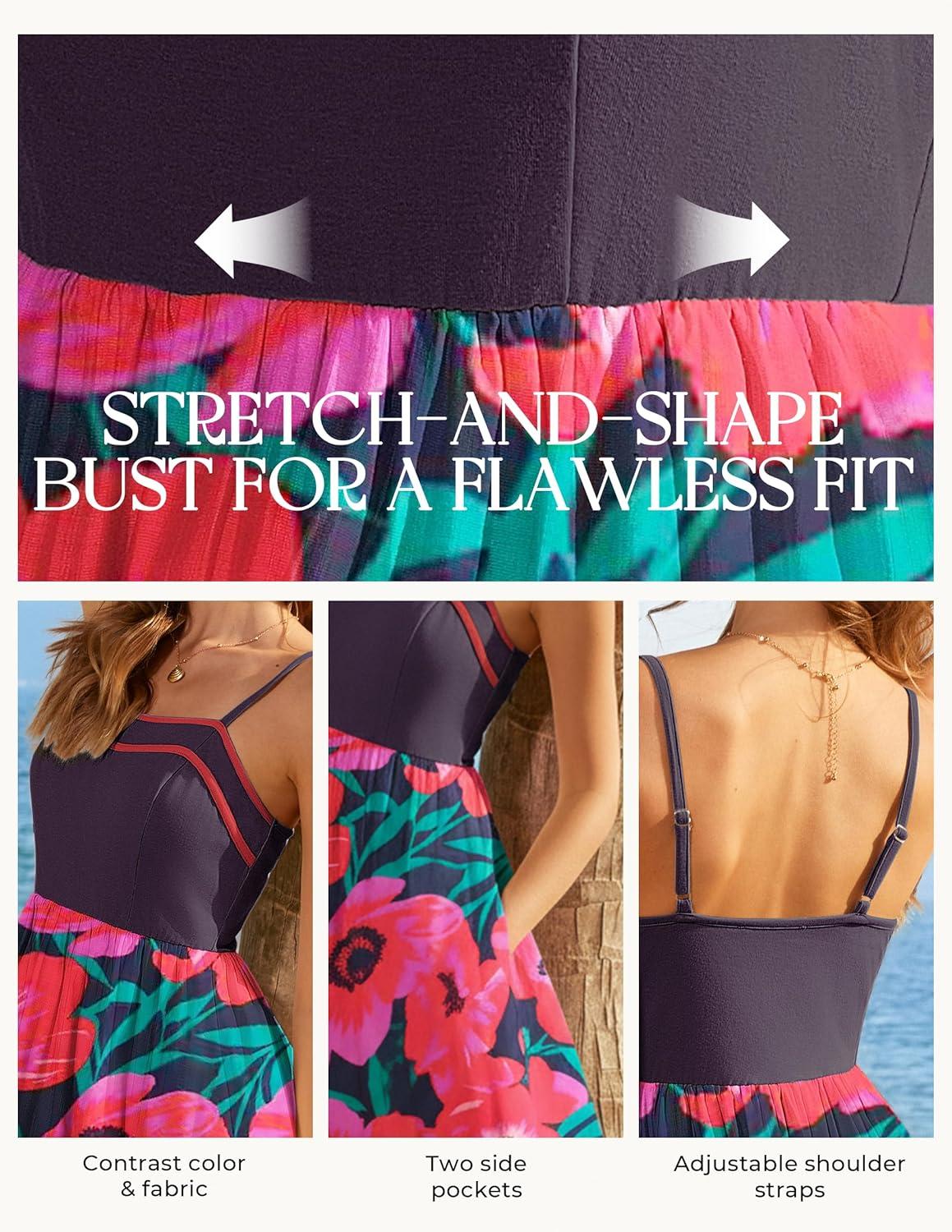 imageGRACE KARIN Summer Dresses for Women 2026Color Block Floral Maxi DressSpaghetti Strap A Line Dresses with PocketsBlack Pink Floral