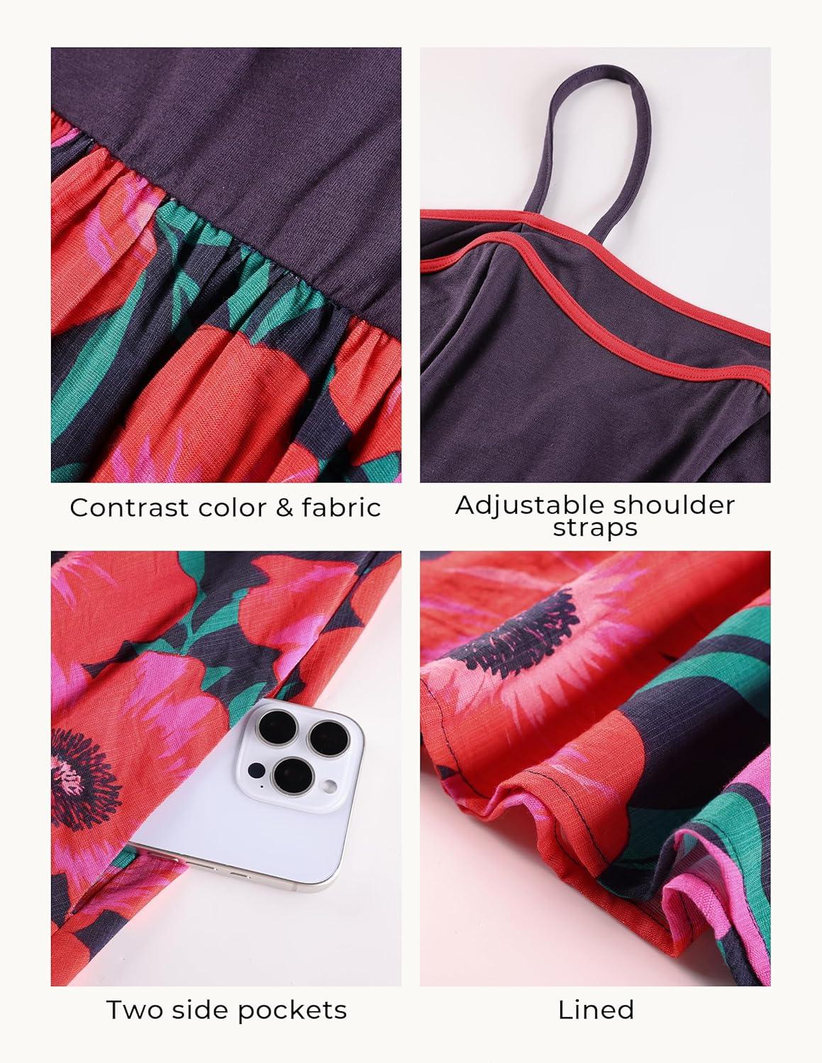 imageGRACE KARIN Summer Dresses for Women 2026Color Block Floral Maxi DressSpaghetti Strap A Line Dresses with PocketsBlack Pink Floral