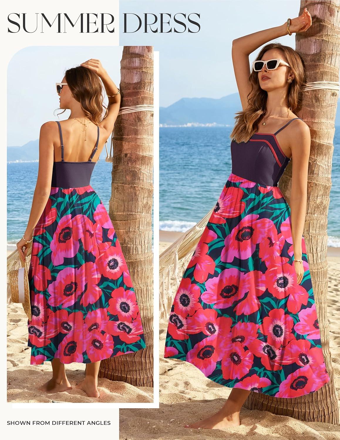 imageGRACE KARIN Summer Dresses for Women 2026Color Block Floral Maxi DressSpaghetti Strap A Line Dresses with PocketsBlack Pink Floral
