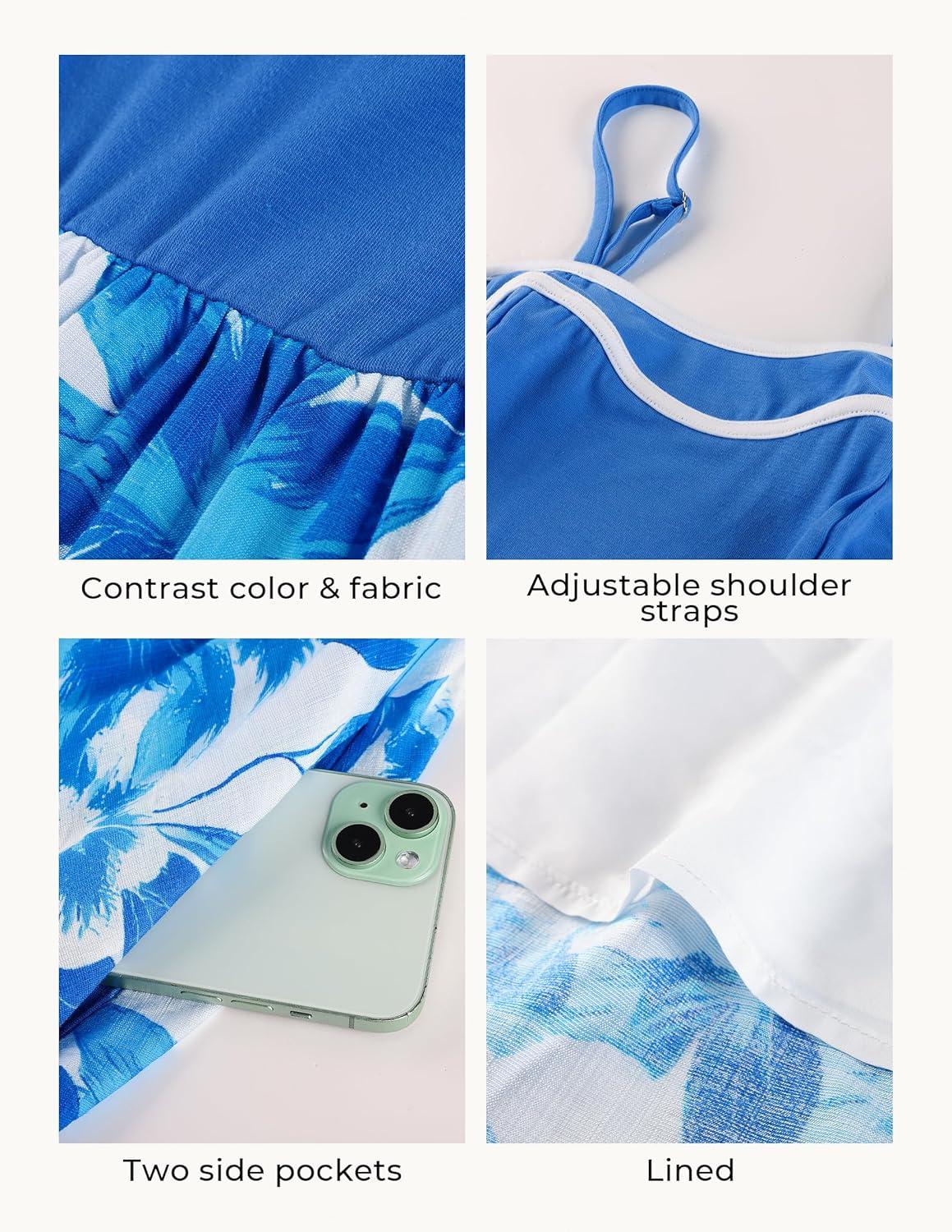 imageGRACE KARIN Summer Dresses for Women 2026Color Block Floral Maxi DressSpaghetti Strap A Line Dresses with PocketsBlue White Floral