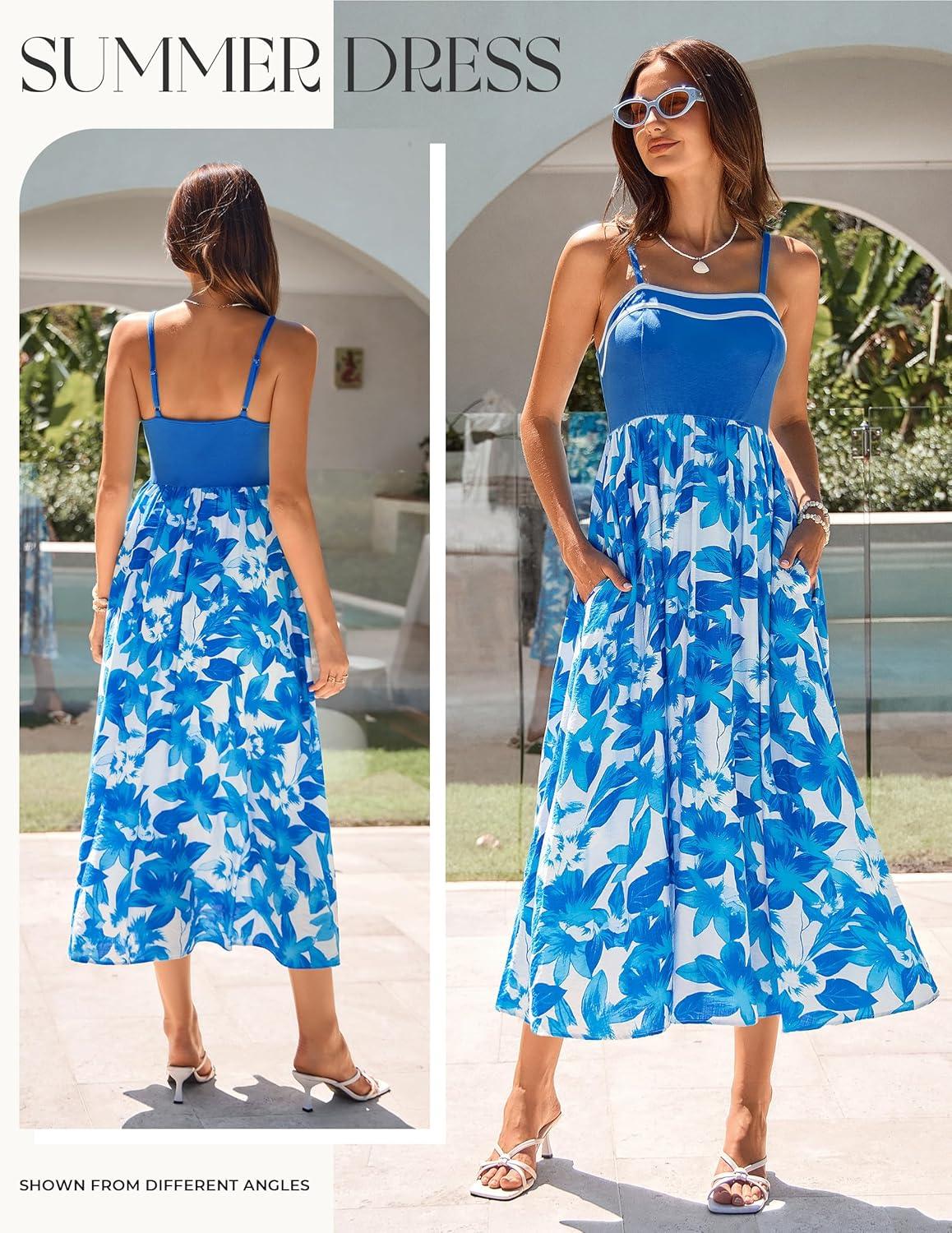 imageGRACE KARIN Summer Dresses for Women 2026Color Block Floral Maxi DressSpaghetti Strap A Line Dresses with PocketsBlue White Floral