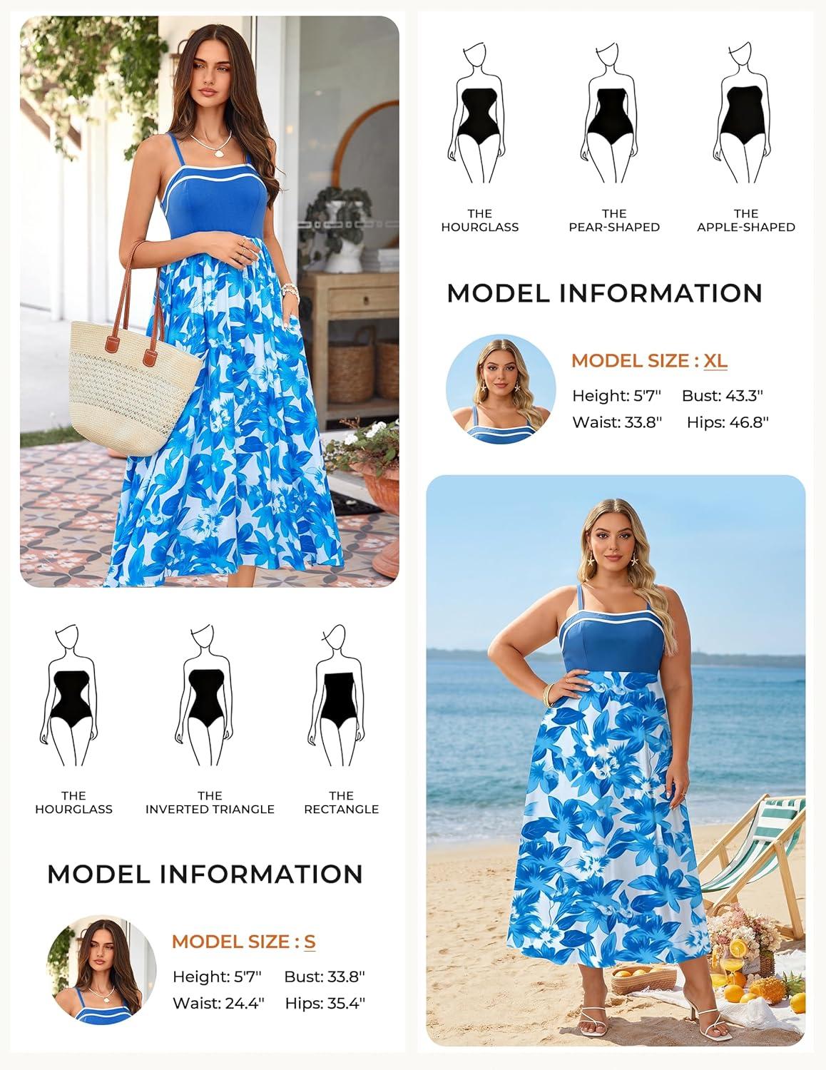 imageGRACE KARIN Summer Dresses for Women 2026Color Block Floral Maxi DressSpaghetti Strap A Line Dresses with PocketsBlue White Floral