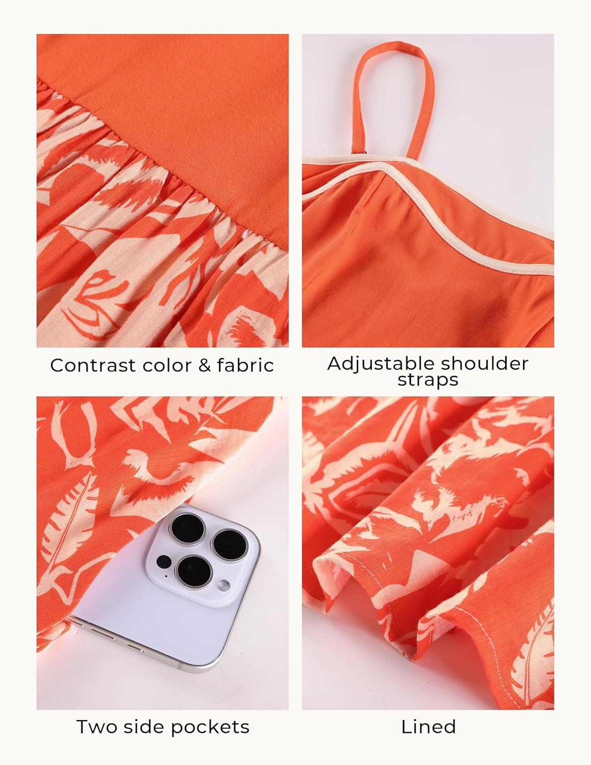 imageGRACE KARIN Summer Dresses for Women 2026Color Block Floral Maxi DressSpaghetti Strap A Line Dresses with PocketsOrange Floral