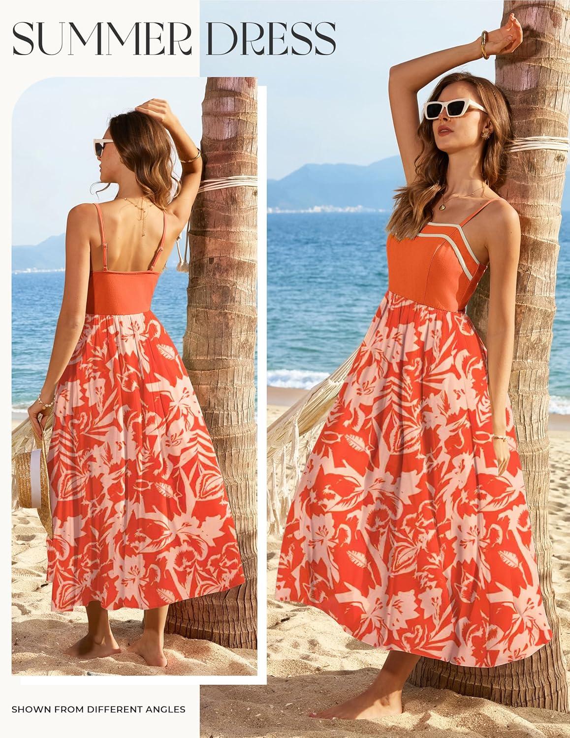 imageGRACE KARIN Summer Dresses for Women 2026Color Block Floral Maxi DressSpaghetti Strap A Line Dresses with PocketsOrange Floral
