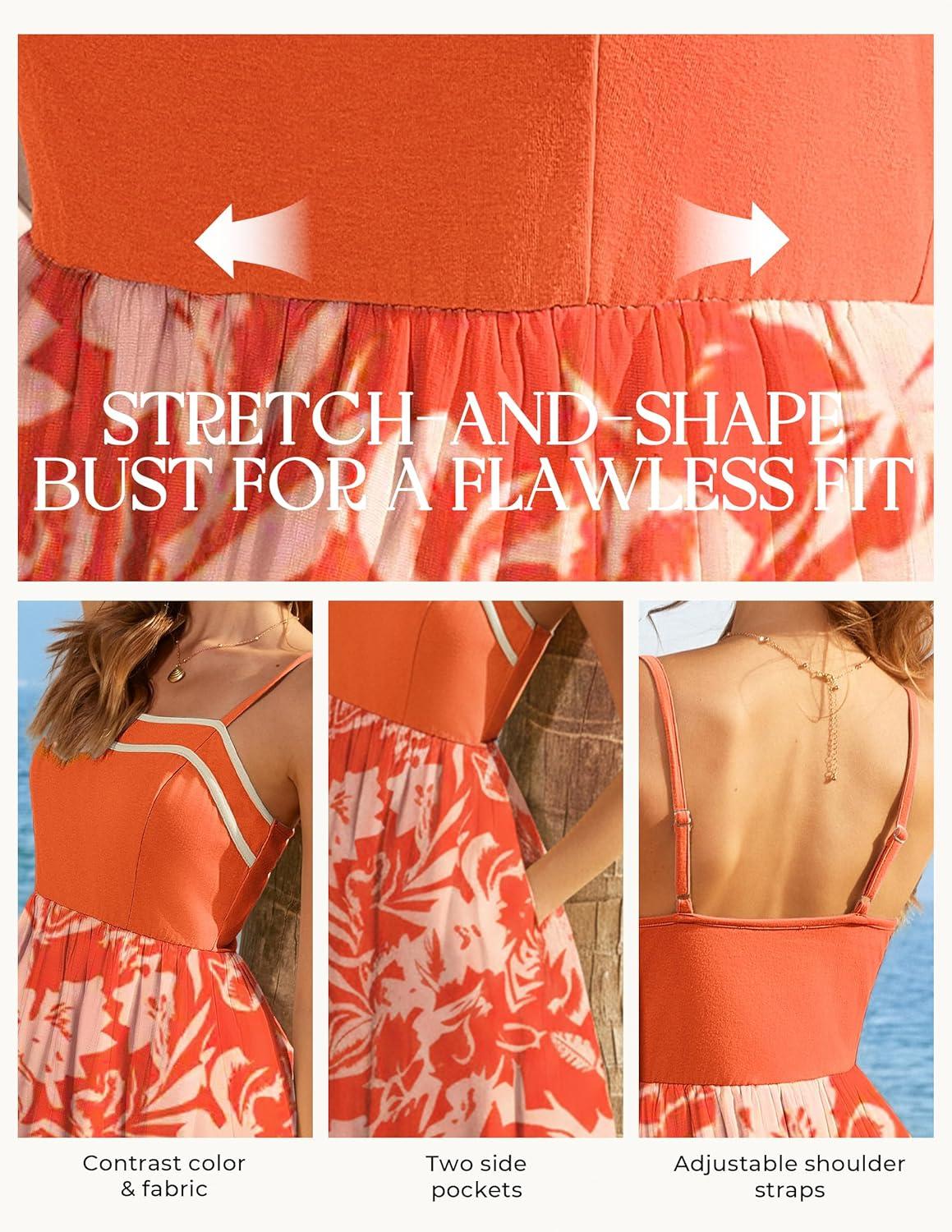 imageGRACE KARIN Summer Dresses for Women 2026Color Block Floral Maxi DressSpaghetti Strap A Line Dresses with PocketsOrange Floral