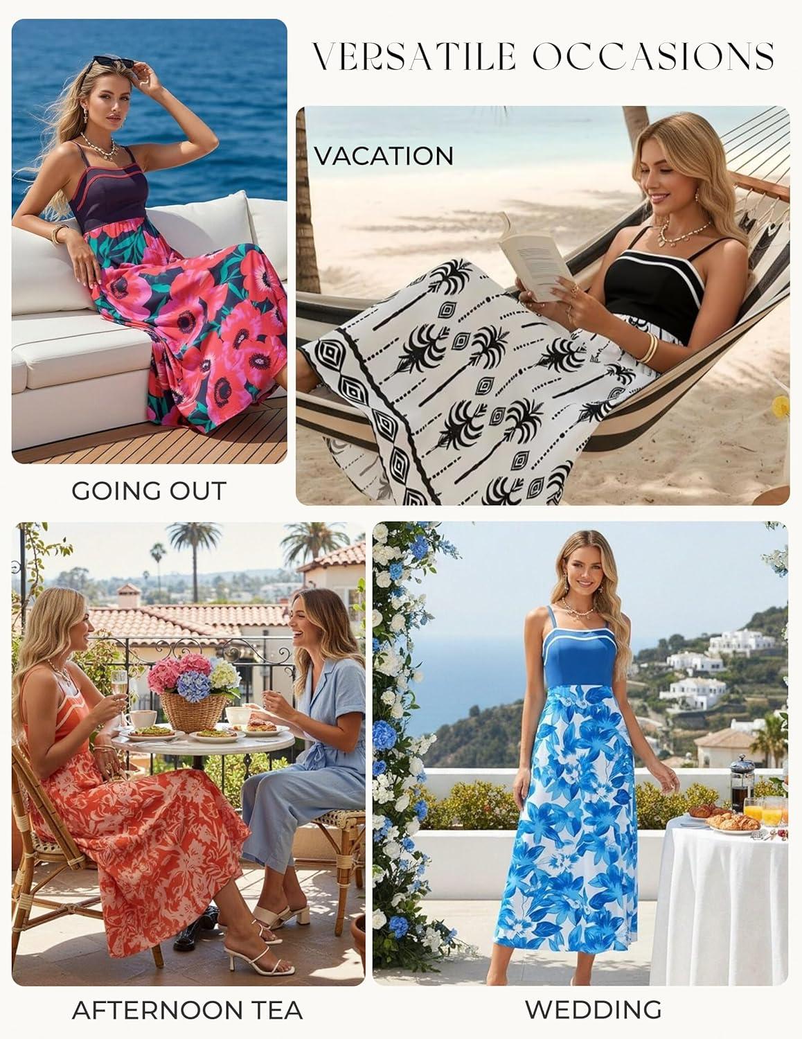 imageGRACE KARIN Summer Dresses for Women 2026Color Block Floral Maxi DressSpaghetti Strap A Line Dresses with PocketsPink Blue Floral