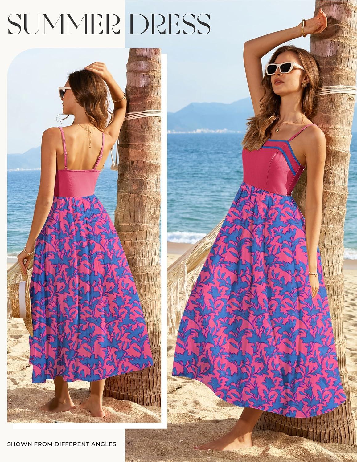 imageGRACE KARIN Summer Dresses for Women 2026Color Block Floral Maxi DressSpaghetti Strap A Line Dresses with PocketsPink Blue Floral