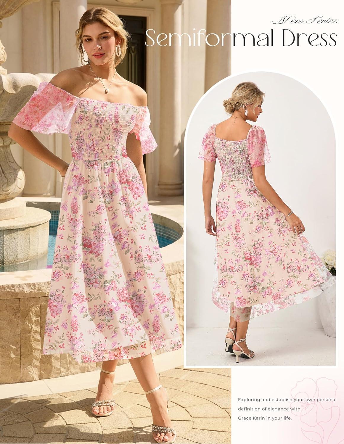 imageGRACE KARIN Summer Floral Maxi Dress for WomenSquare Neck Formal DressShort Sleeve Wedding Guest DressesFloral Apricot Pink