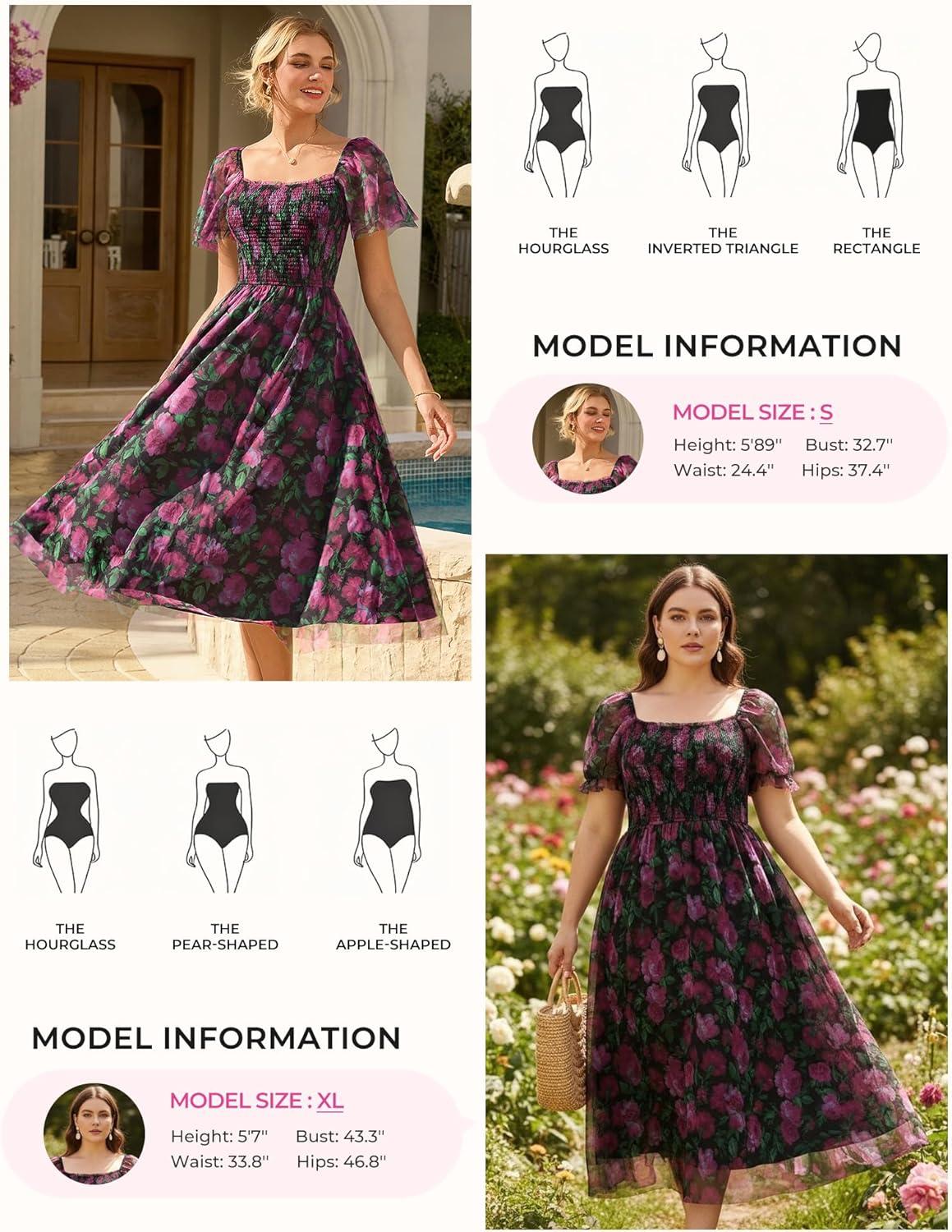 imageGRACE KARIN Summer Floral Maxi Dress for WomenSquare Neck Formal DressShort Sleeve Wedding Guest DressesFloral Black Red