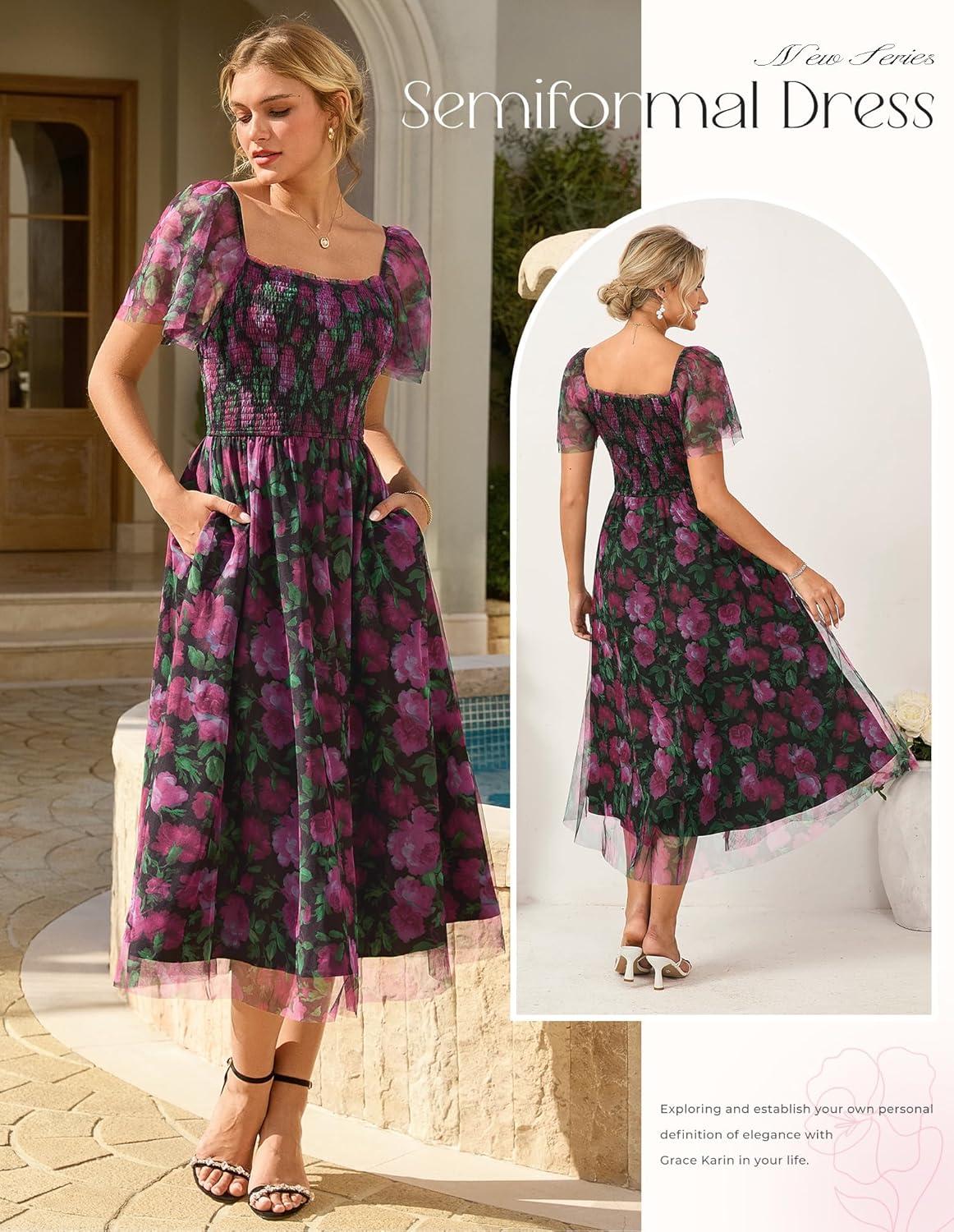 imageGRACE KARIN Summer Floral Maxi Dress for WomenSquare Neck Formal DressShort Sleeve Wedding Guest DressesFloral Black Red