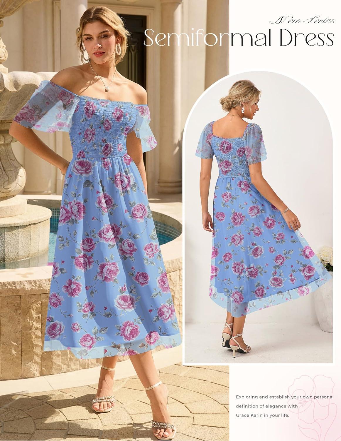 imageGRACE KARIN Summer Floral Maxi Dress for WomenSquare Neck Formal DressShort Sleeve Wedding Guest DressesFloral Blue
