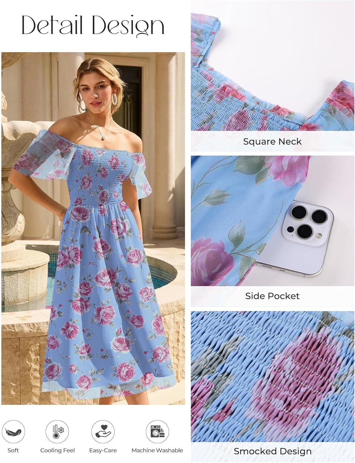 imageGRACE KARIN Summer Floral Maxi Dress for WomenSquare Neck Formal DressShort Sleeve Wedding Guest DressesFloral Blue