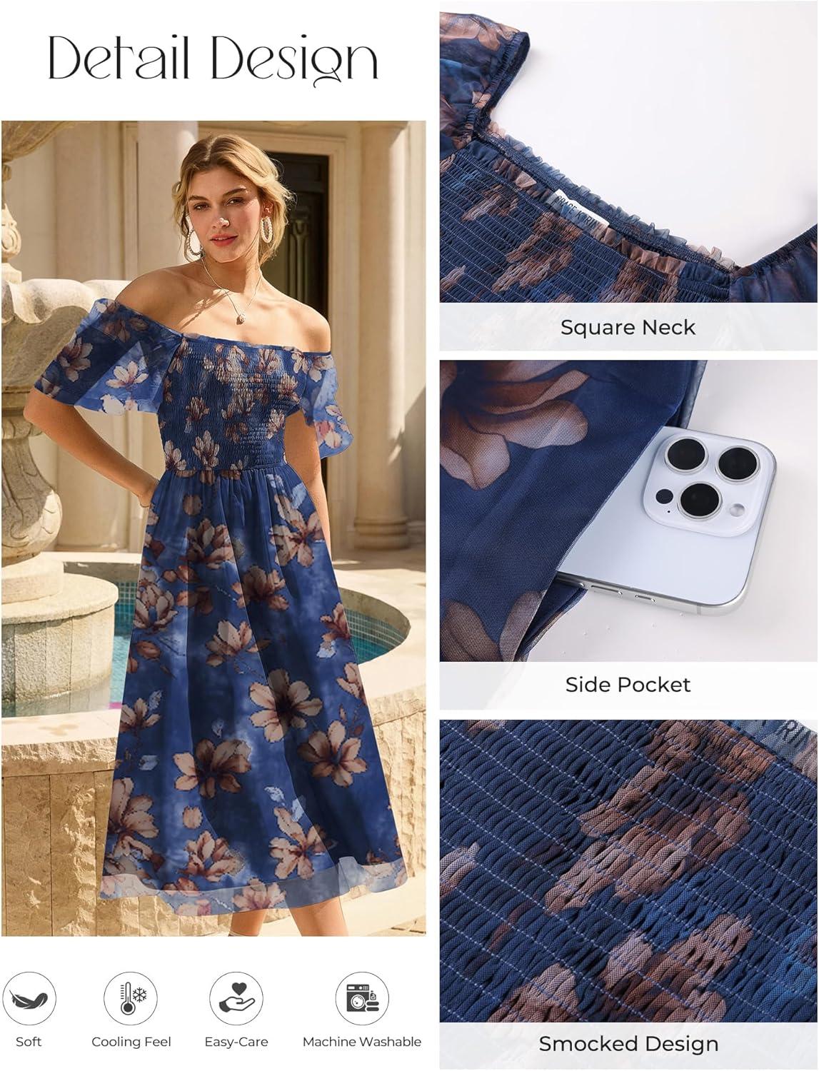 imageGRACE KARIN Summer Floral Maxi Dress for WomenSquare Neck Formal DressShort Sleeve Wedding Guest DressesFloral Navy Blue