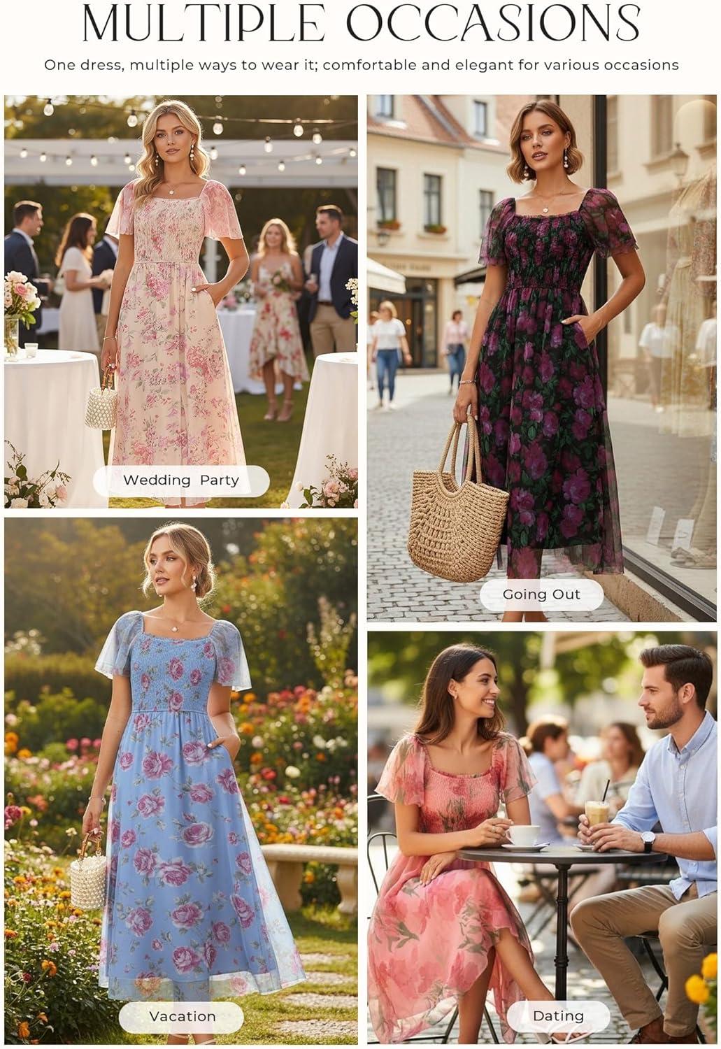imageGRACE KARIN Summer Floral Maxi Dress for WomenSquare Neck Formal DressShort Sleeve Wedding Guest DressesFloral Orange Pink