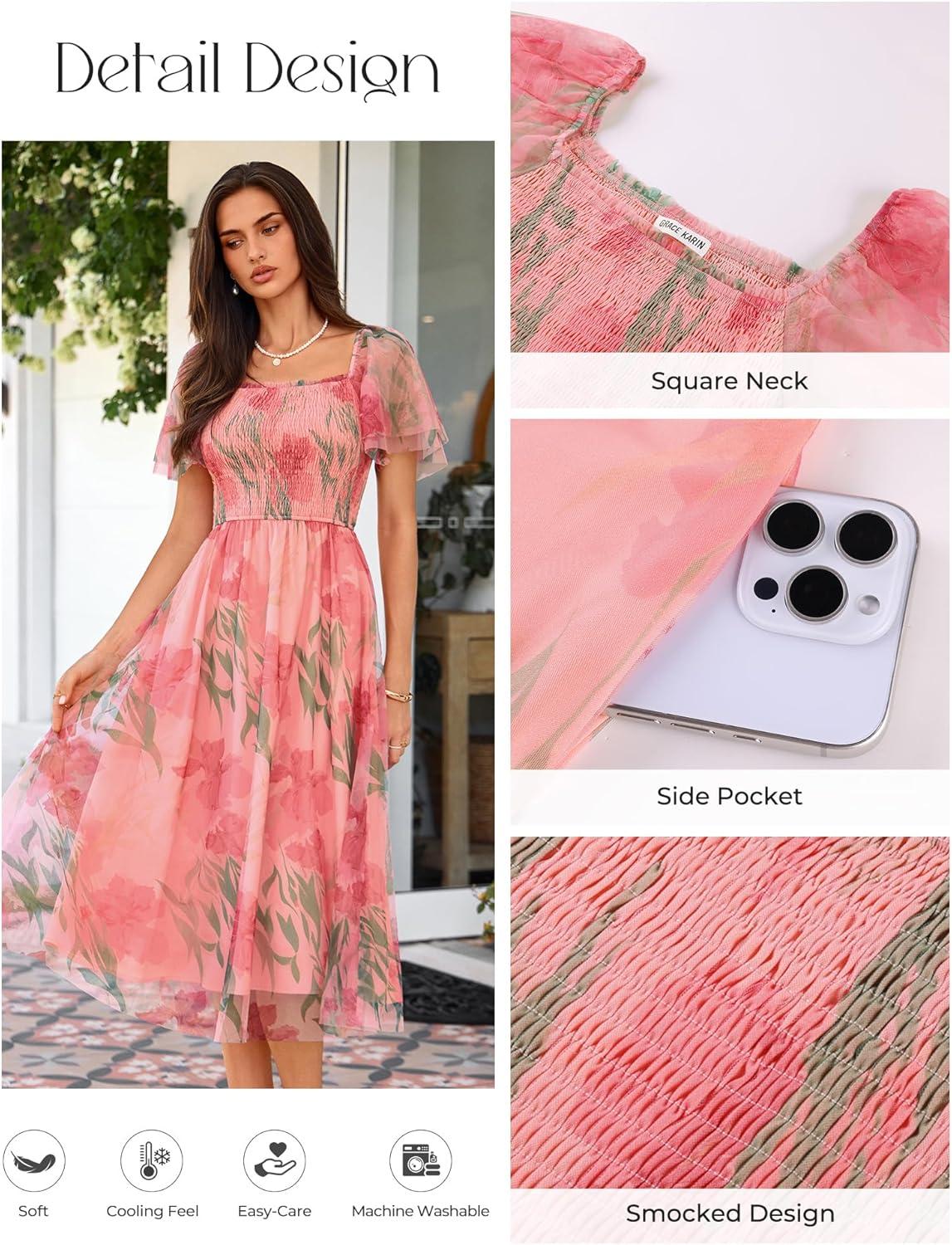 imageGRACE KARIN Summer Floral Maxi Dress for WomenSquare Neck Formal DressShort Sleeve Wedding Guest DressesFloral Orange Pink