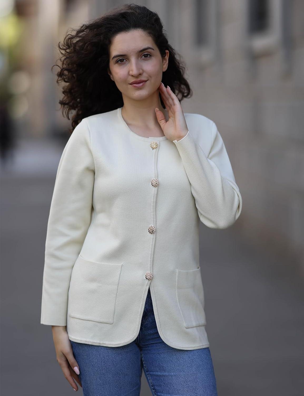 imageGRACE KARIN Sweater Blazers for Women 2025 Casual Button up Cardigan Sweater Open Front Knit Blazer Jacket with PocketsApricot
