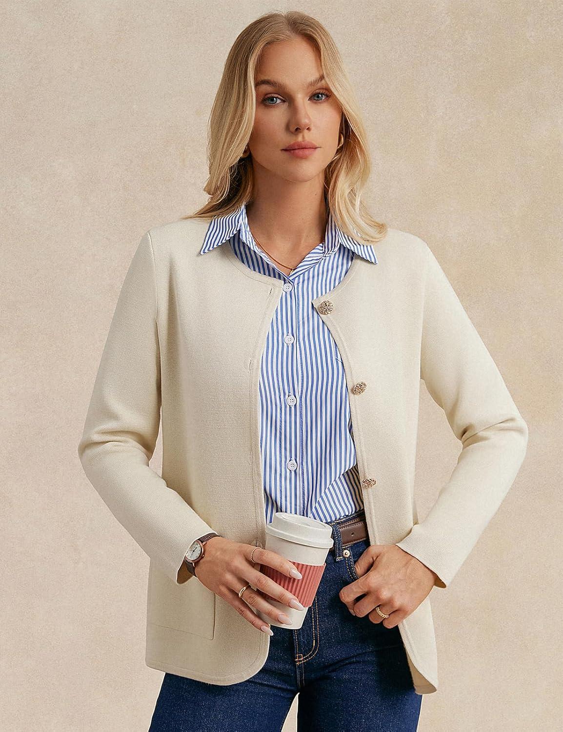 imageGRACE KARIN Sweater Blazers for Women 2025 Casual Button up Cardigan Sweater Open Front Knit Blazer Jacket with PocketsApricot