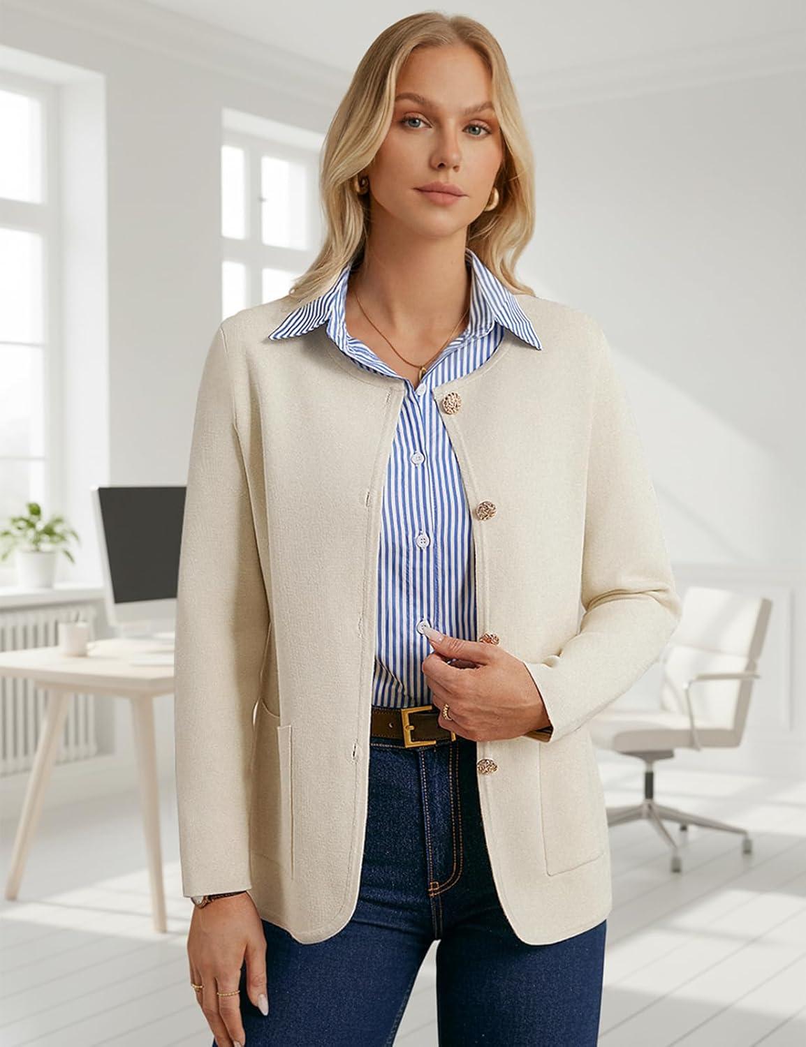imageGRACE KARIN Sweater Blazers for Women 2025 Casual Button up Cardigan Sweater Open Front Knit Blazer Jacket with PocketsApricot