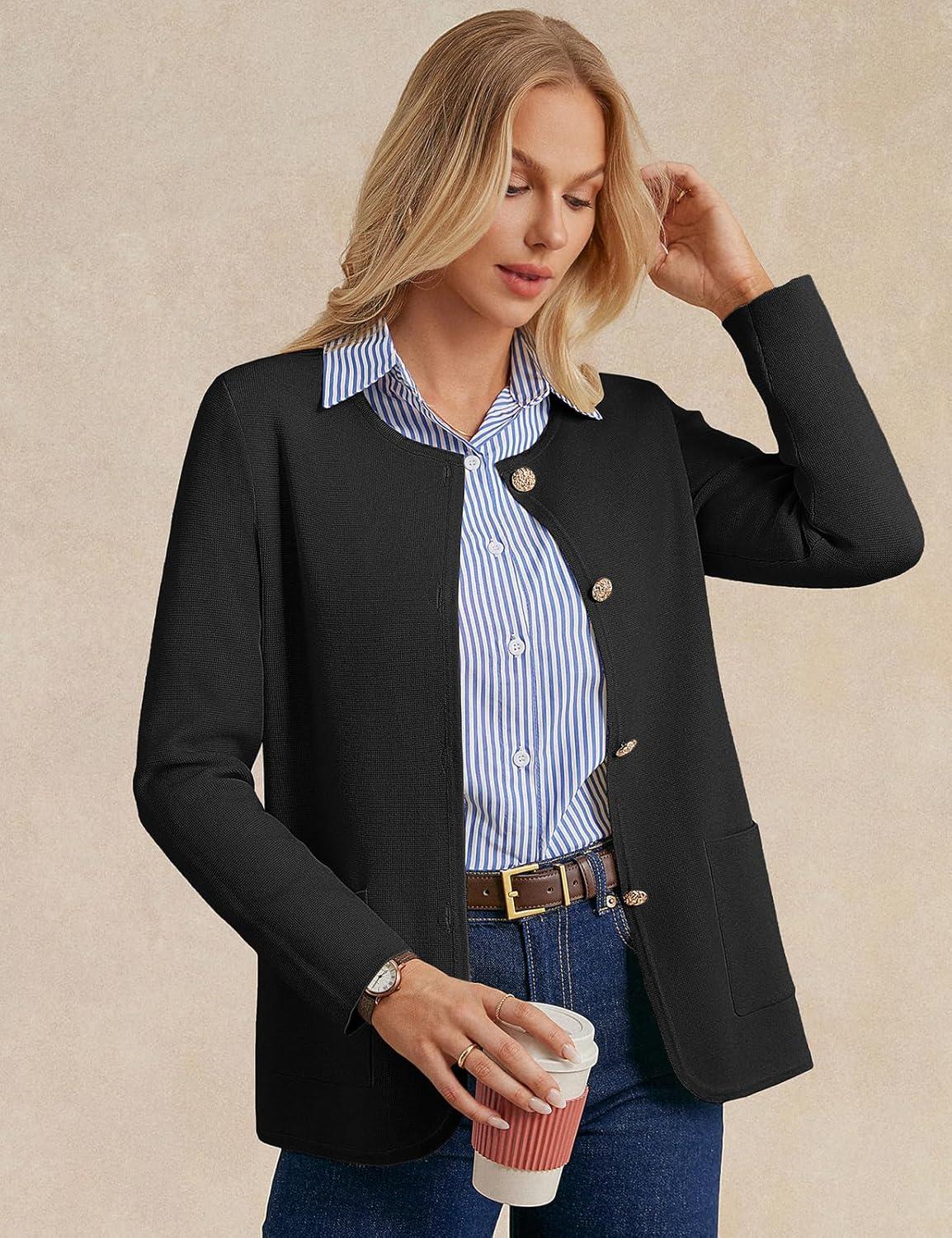 imageGRACE KARIN Sweater Blazers for Women 2025 Casual Button up Cardigan Sweater Open Front Knit Blazer Jacket with PocketsBlack
