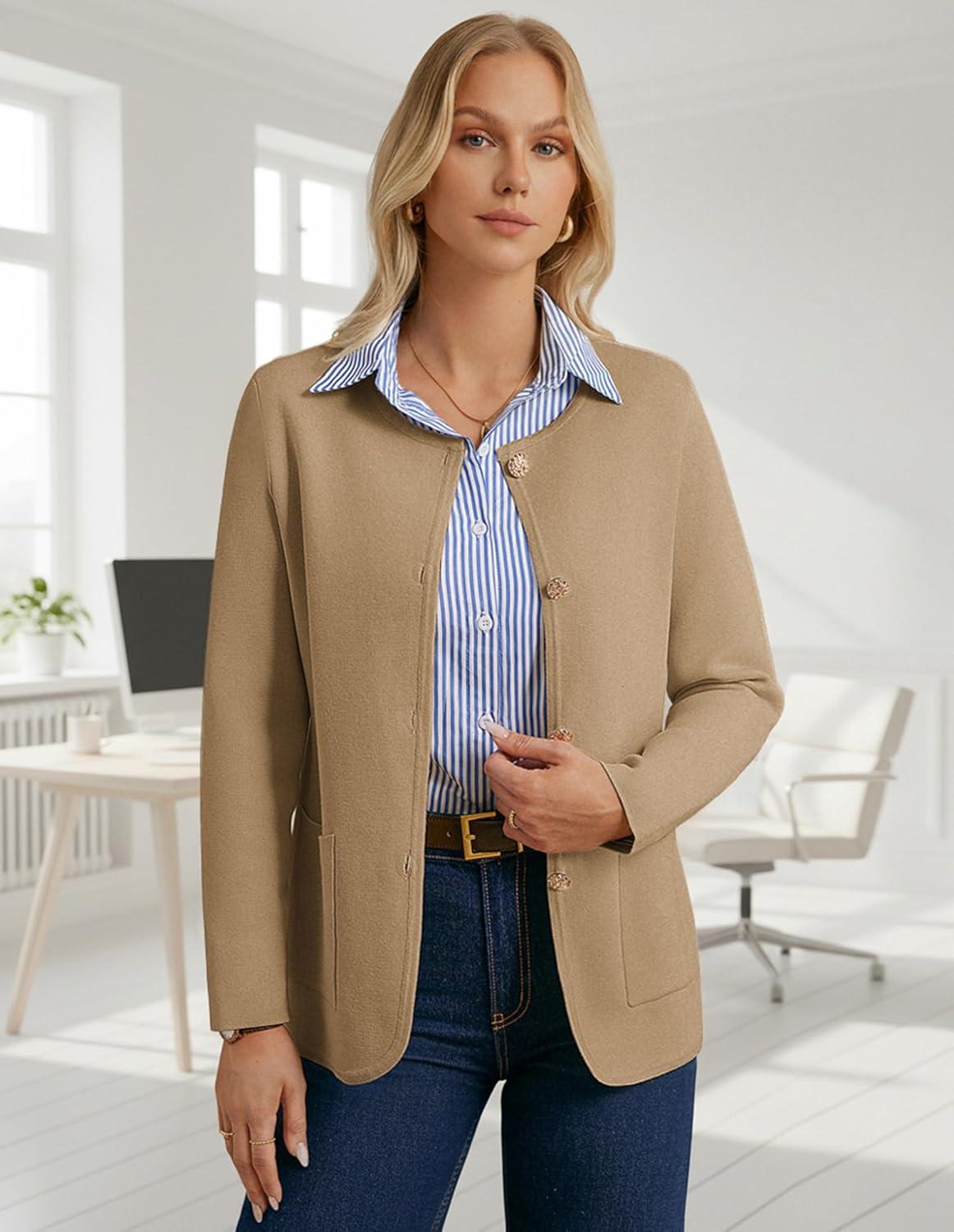 imageGRACE KARIN Sweater Blazers for Women 2025 Casual Button up Cardigan Sweater Open Front Knit Blazer Jacket with PocketsCamel