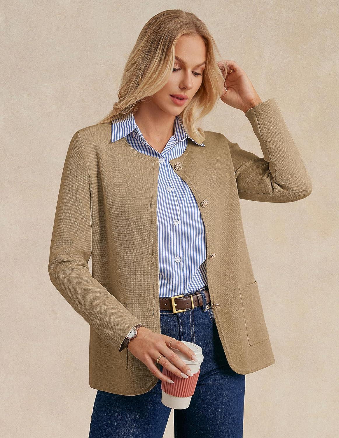 imageGRACE KARIN Sweater Blazers for Women 2025 Casual Button up Cardigan Sweater Open Front Knit Blazer Jacket with PocketsCamel