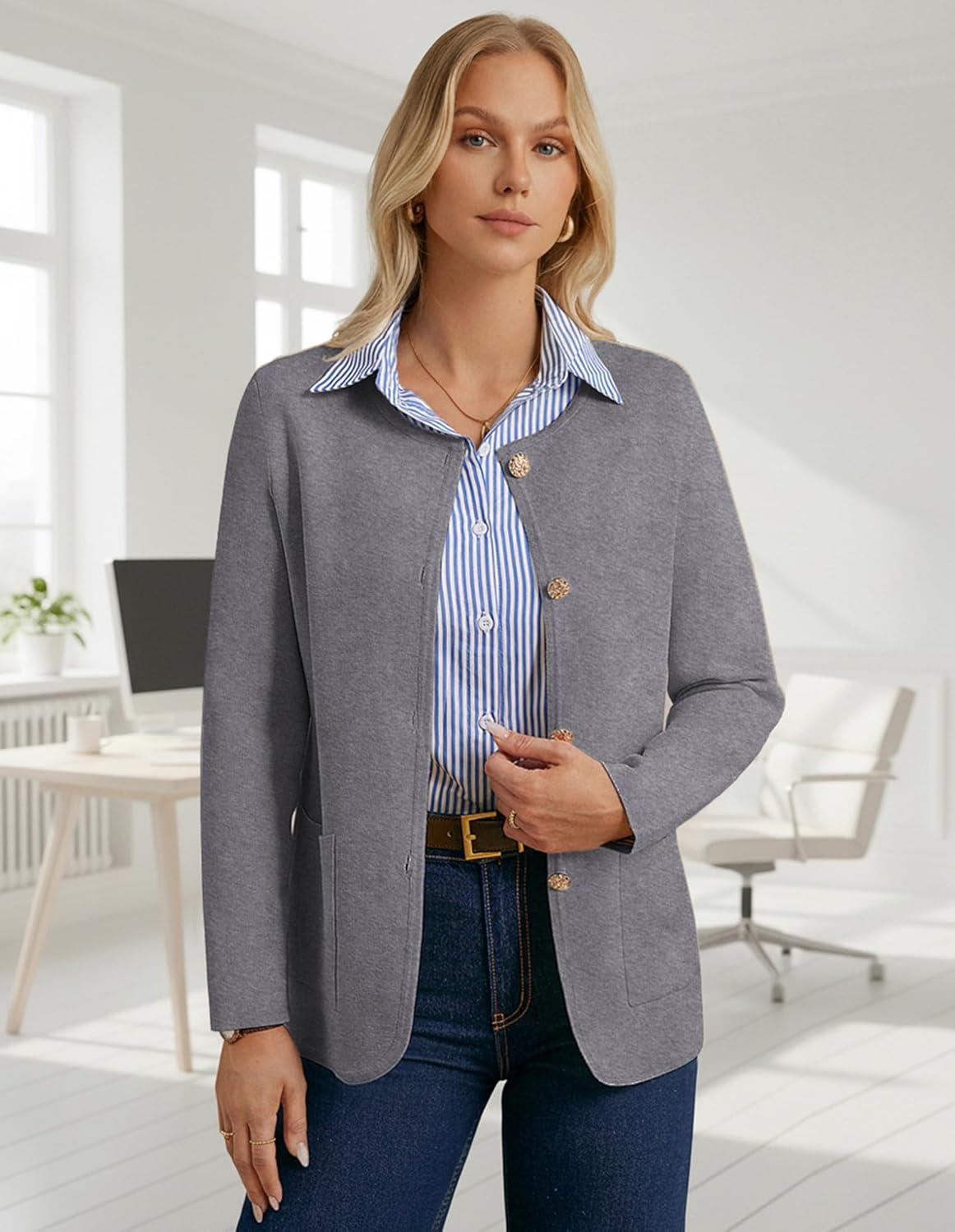 imageGRACE KARIN Sweater Blazers for Women 2025 Casual Button up Cardigan Sweater Open Front Knit Blazer Jacket with PocketsGray