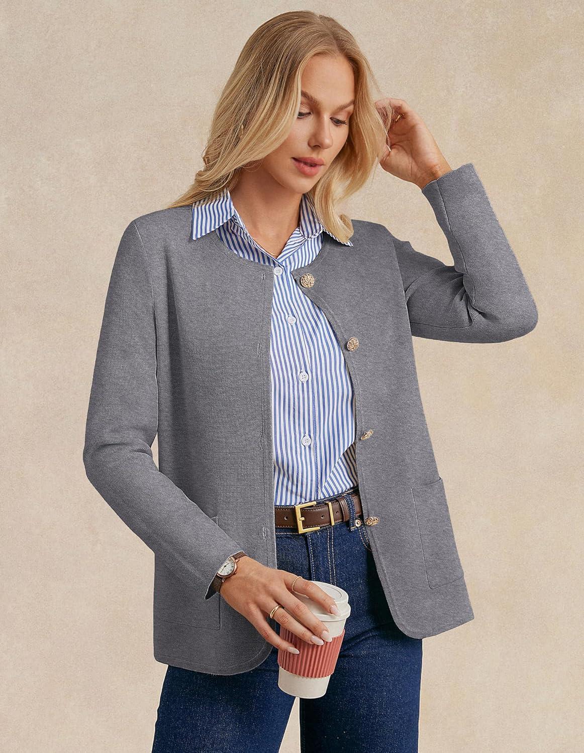 imageGRACE KARIN Sweater Blazers for Women 2025 Casual Button up Cardigan Sweater Open Front Knit Blazer Jacket with PocketsGray