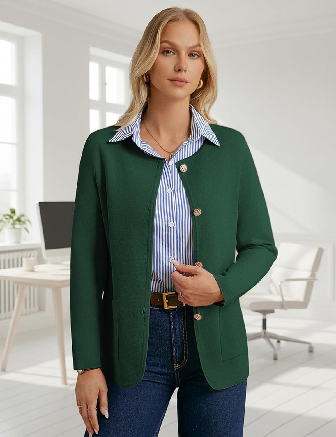 imageGRACE KARIN Sweater Blazers for Women 2025 Casual Button up Cardigan Sweater Open Front Knit Blazer Jacket with PocketsGreen