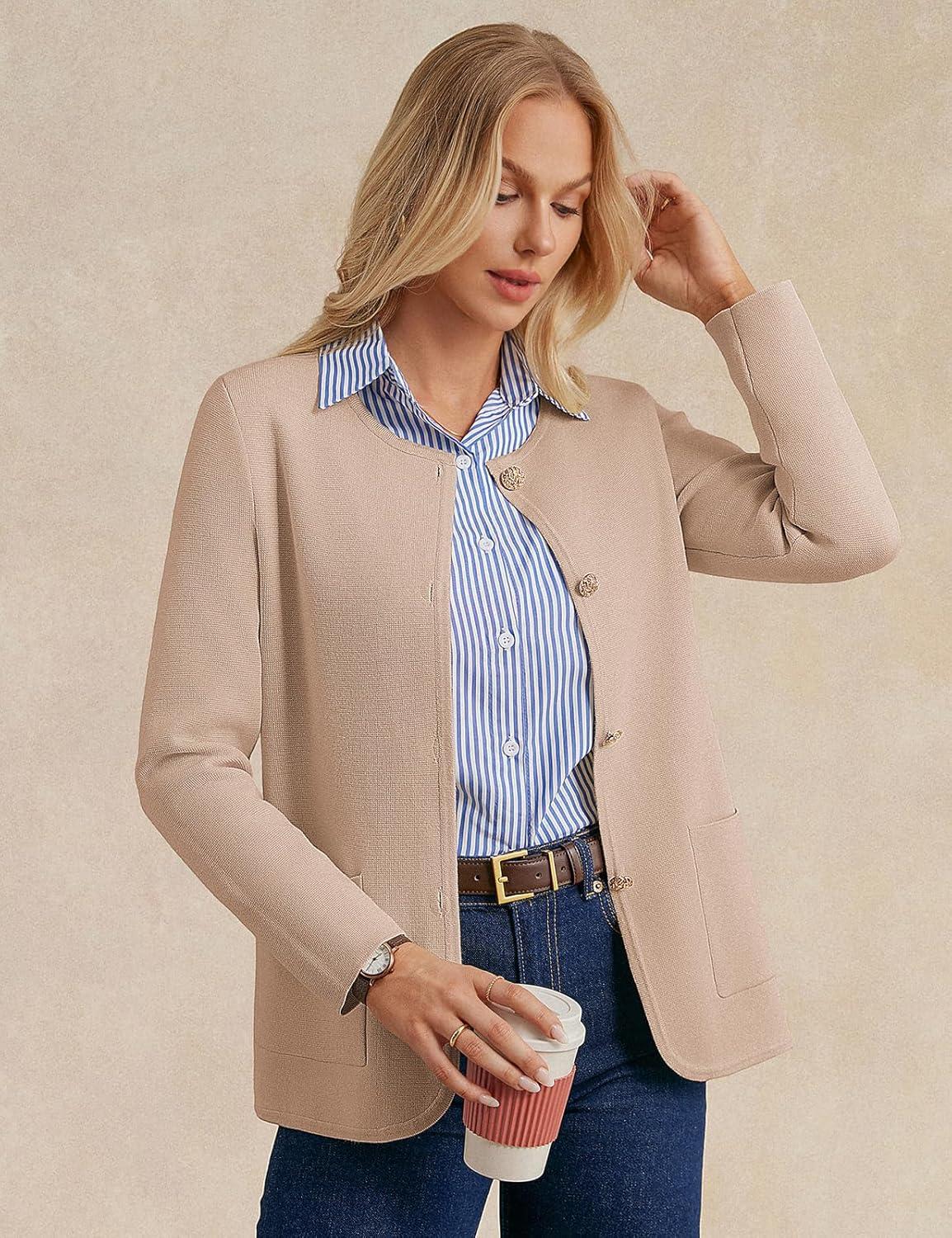 imageGRACE KARIN Sweater Blazers for Women 2025 Casual Button up Cardigan Sweater Open Front Knit Blazer Jacket with PocketsKhaki