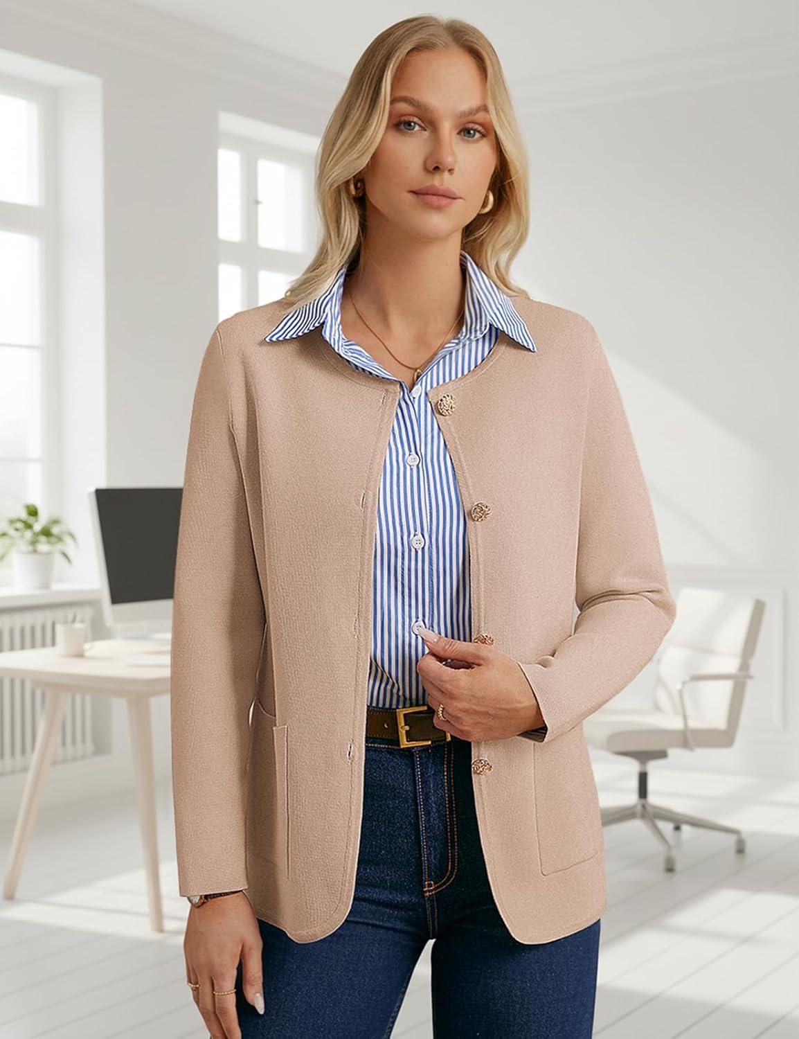 imageGRACE KARIN Sweater Blazers for Women 2025 Casual Button up Cardigan Sweater Open Front Knit Blazer Jacket with PocketsKhaki