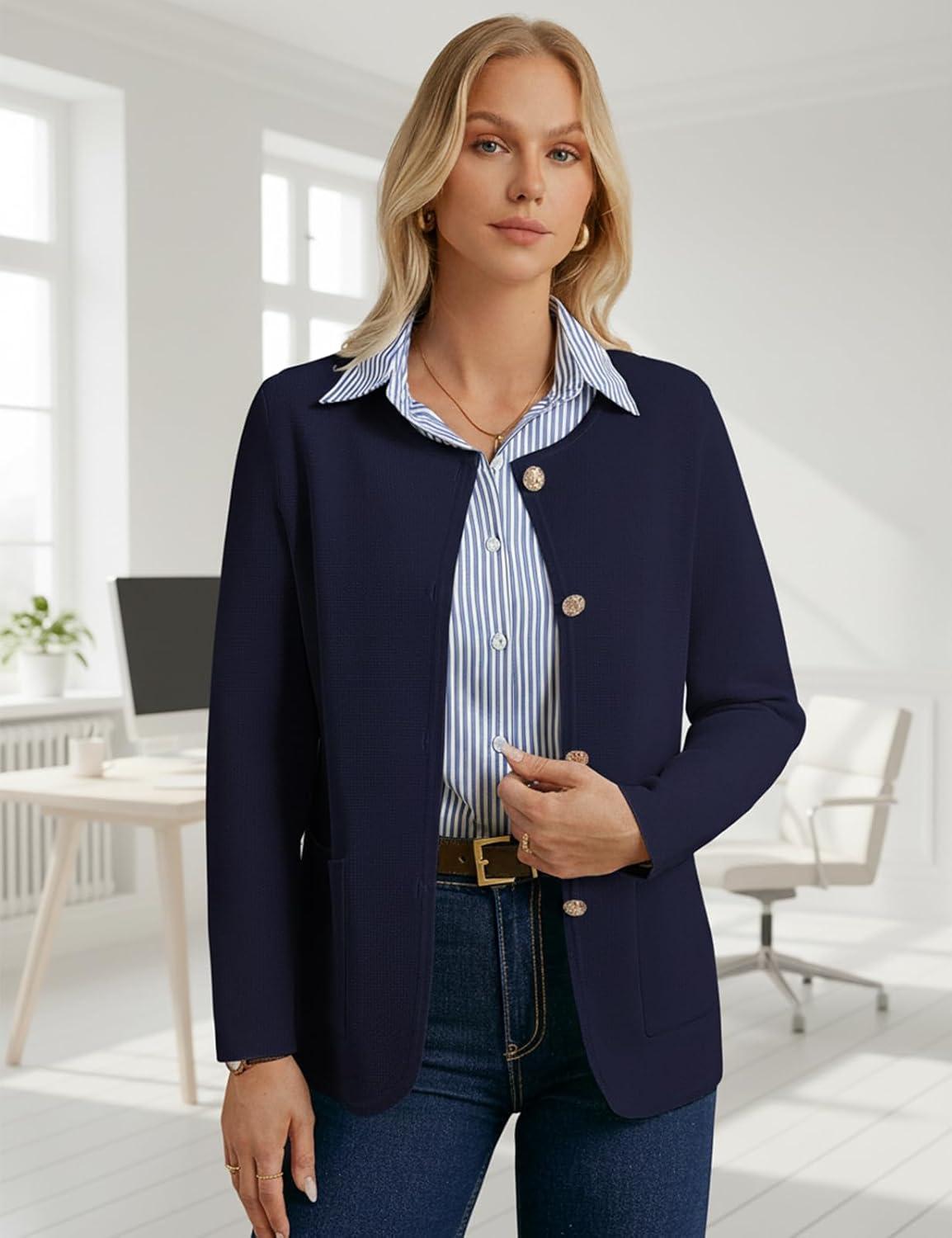 imageGRACE KARIN Sweater Blazers for Women 2025 Casual Button up Cardigan Sweater Open Front Knit Blazer Jacket with PocketsNavy Blue