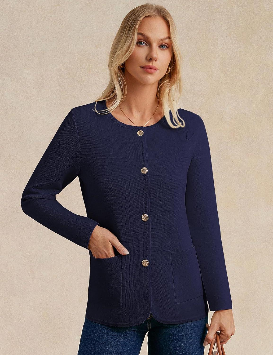 imageGRACE KARIN Sweater Blazers for Women 2025 Casual Button up Cardigan Sweater Open Front Knit Blazer Jacket with PocketsNavy Blue
