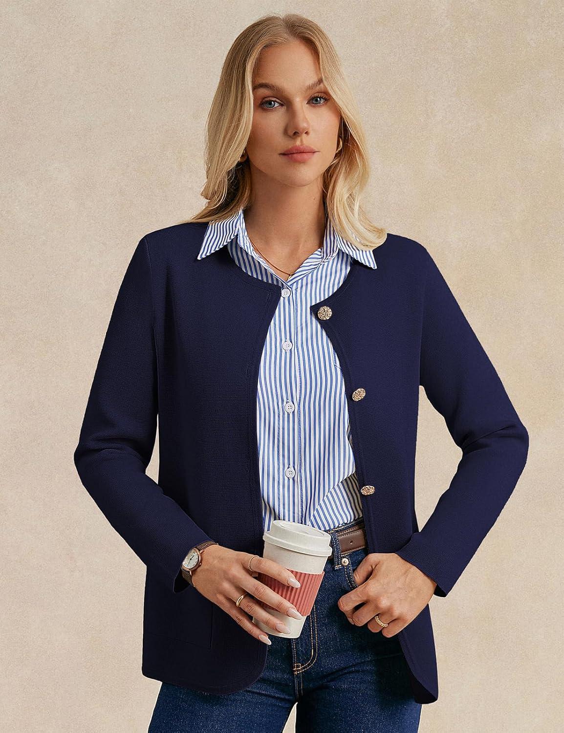 imageGRACE KARIN Sweater Blazers for Women 2025 Casual Button up Cardigan Sweater Open Front Knit Blazer Jacket with PocketsNavy Blue