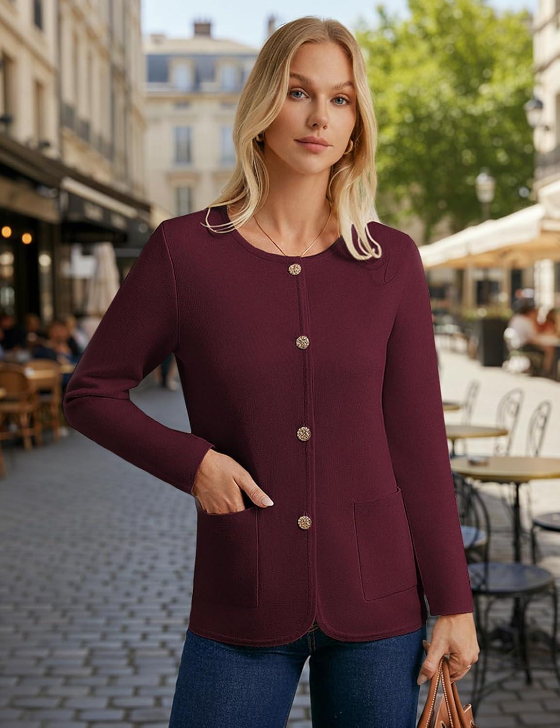 imageGRACE KARIN Sweater Blazers for Women 2025 Casual Button up Cardigan Sweater Open Front Knit Blazer Jacket with PocketsWine Red