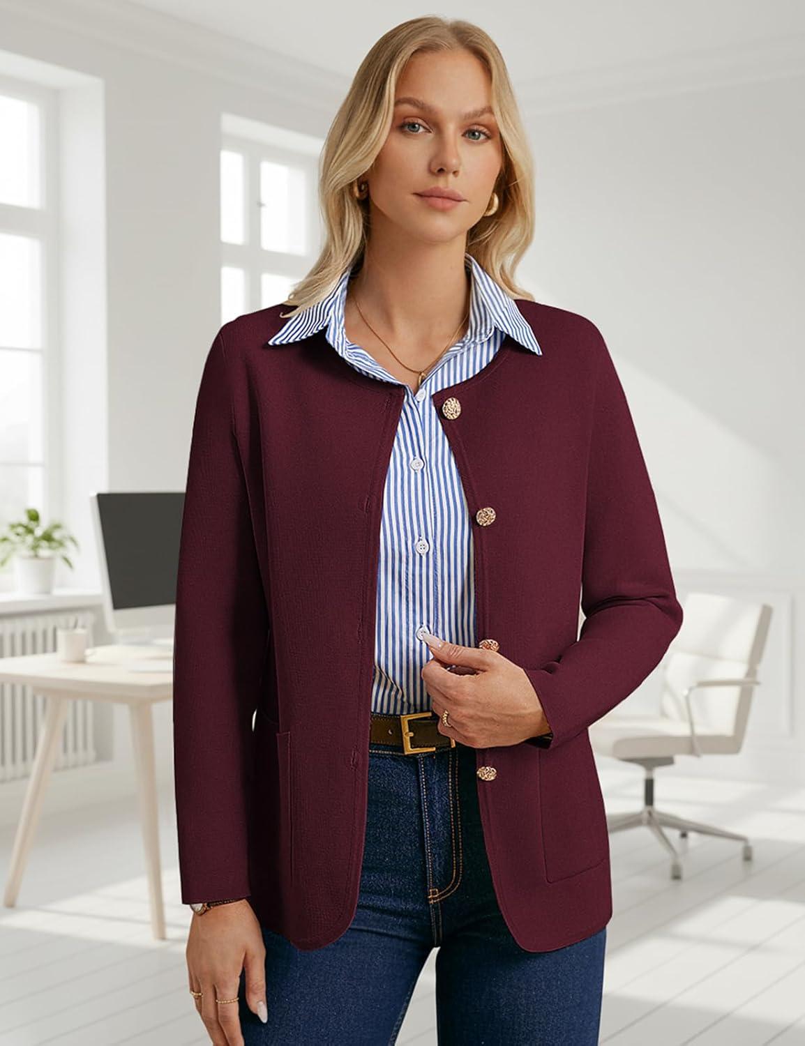imageGRACE KARIN Sweater Blazers for Women 2025 Casual Button up Cardigan Sweater Open Front Knit Blazer Jacket with PocketsWine Red