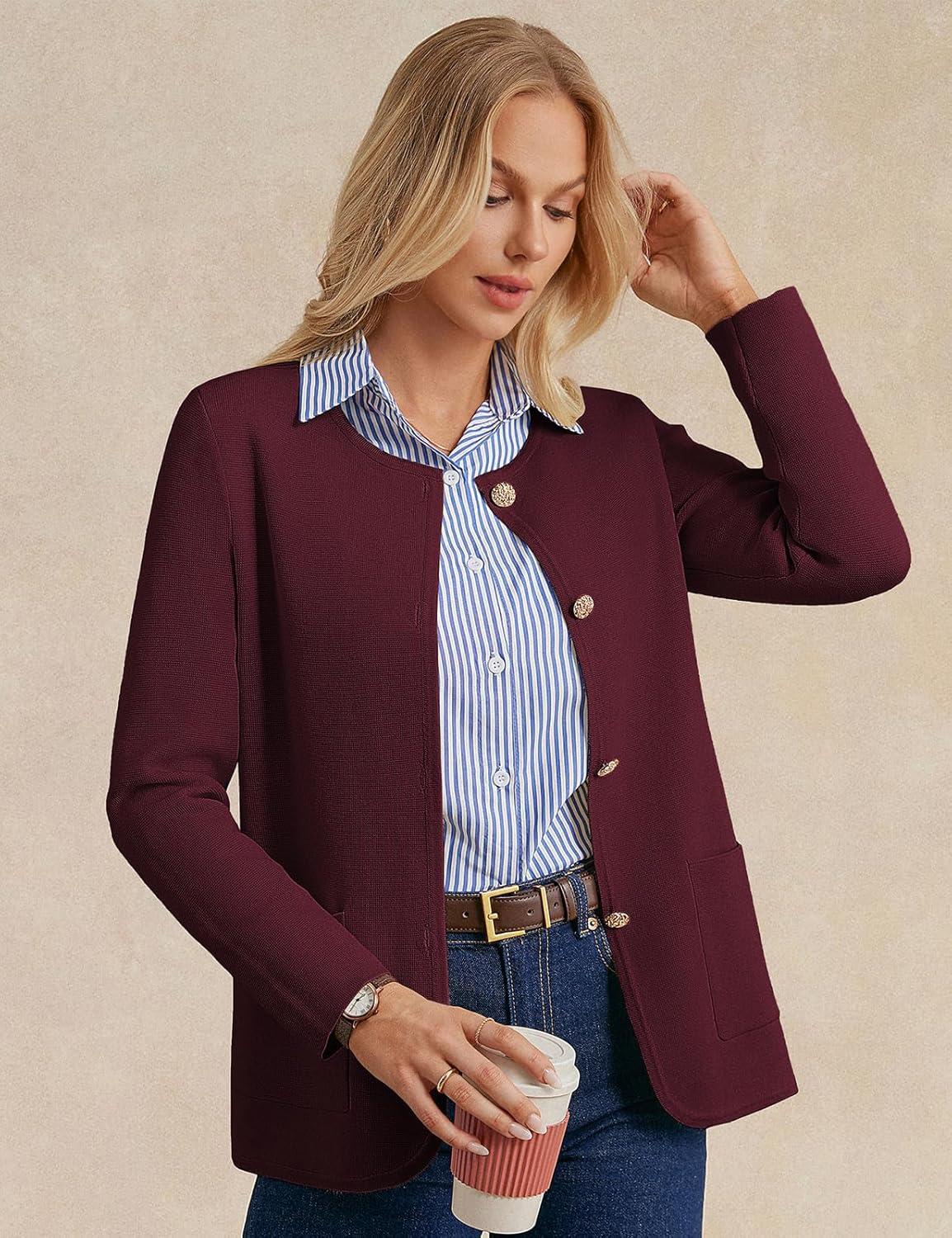 imageGRACE KARIN Sweater Blazers for Women 2025 Casual Button up Cardigan Sweater Open Front Knit Blazer Jacket with PocketsWine Red