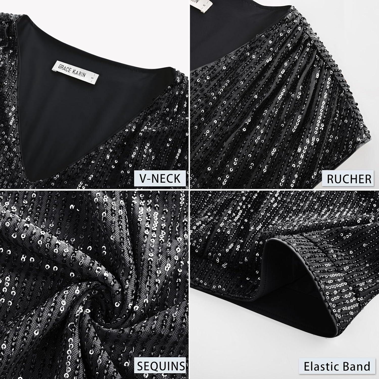 imageGRACE KARIN V Neck Sequin Short Sleeve Tops for Women Elastic Sparkly Tank Top for PartyBlack