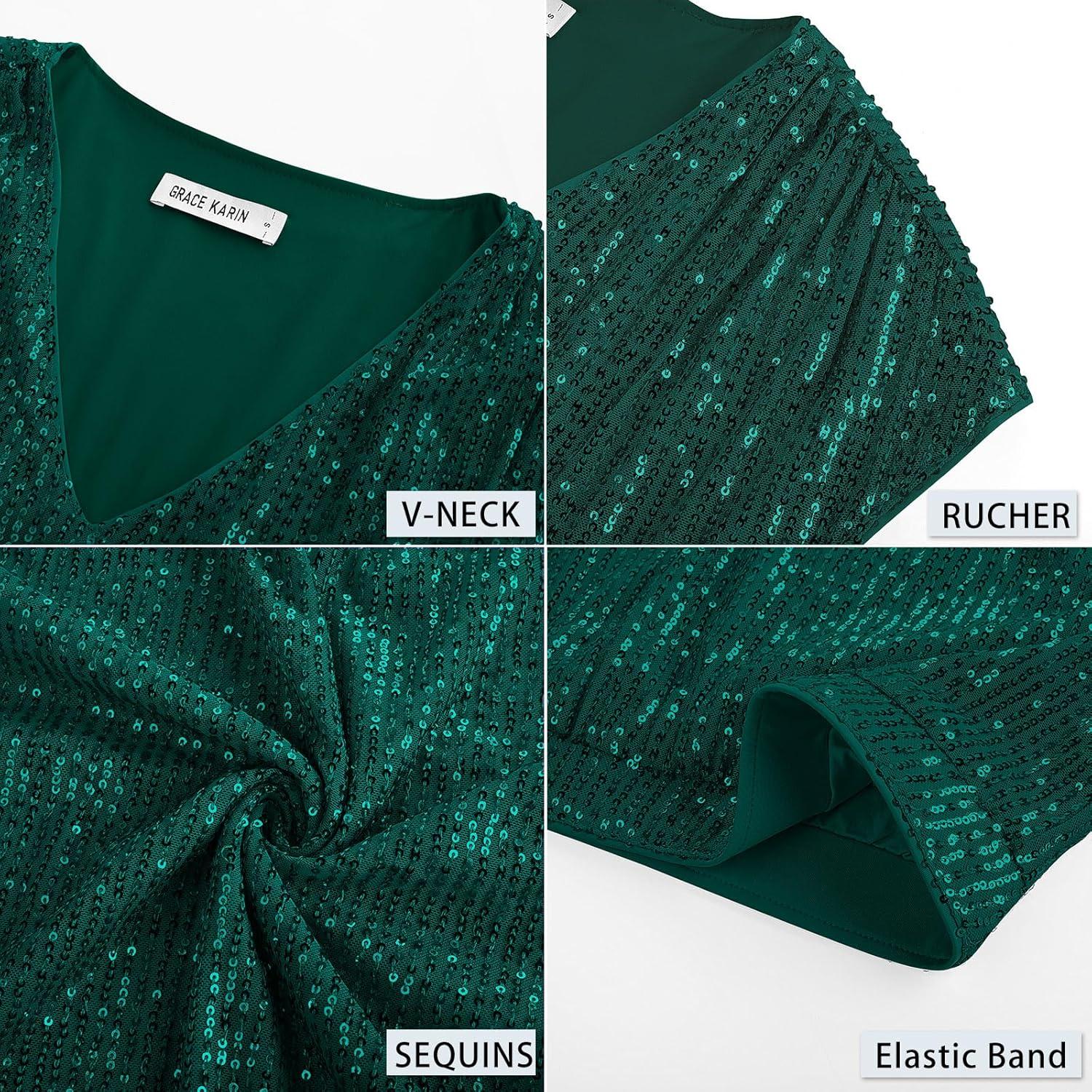 imageGRACE KARIN V Neck Sequin Short Sleeve Tops for Women Elastic Sparkly Tank Top for PartyBlue Green