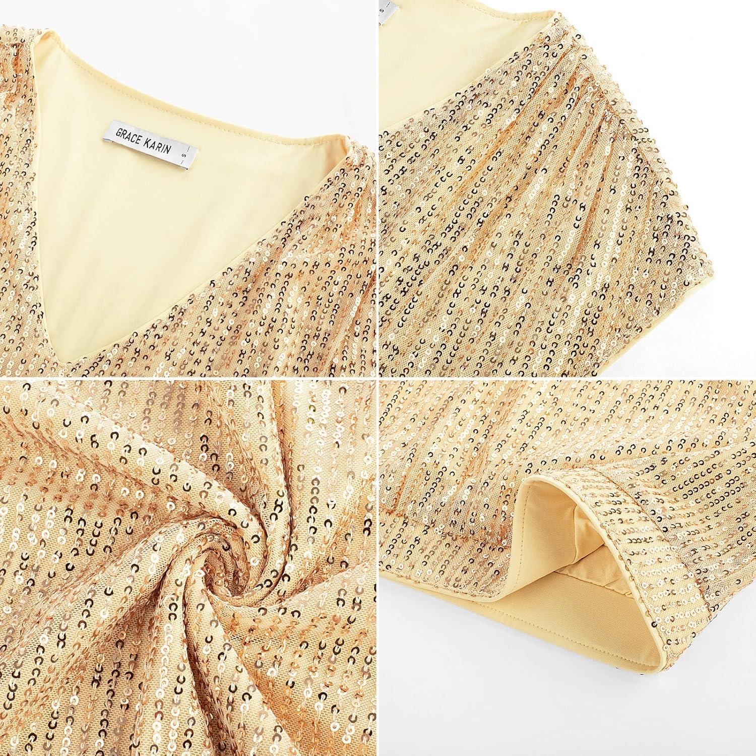 imageGRACE KARIN V Neck Sequin Short Sleeve Tops for Women Elastic Sparkly Tank Top for PartyDark Gold