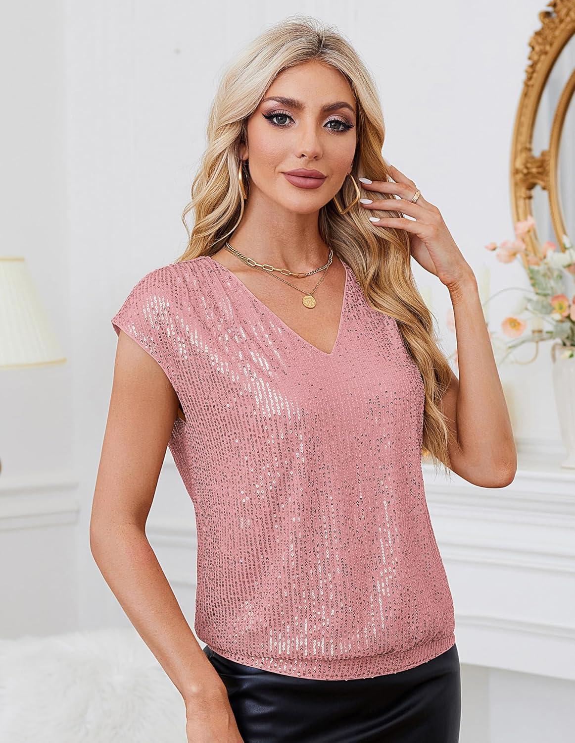 imageGRACE KARIN V Neck Sequin Short Sleeve Tops for Women Elastic Sparkly Tank Top for PartyLight Pink