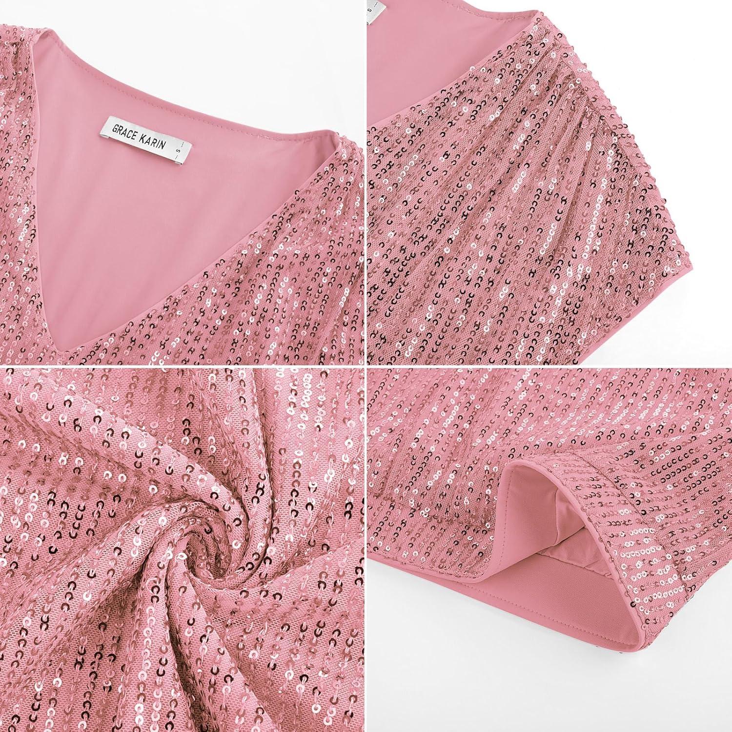 imageGRACE KARIN V Neck Sequin Short Sleeve Tops for Women Elastic Sparkly Tank Top for PartyLight Pink