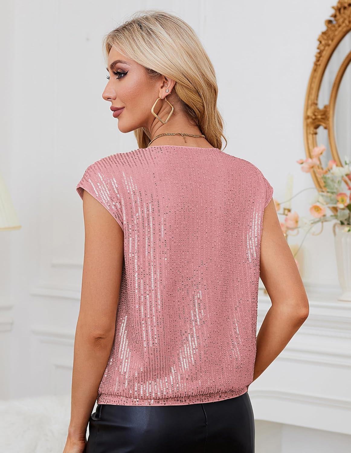 imageGRACE KARIN V Neck Sequin Short Sleeve Tops for Women Elastic Sparkly Tank Top for PartyLight Pink