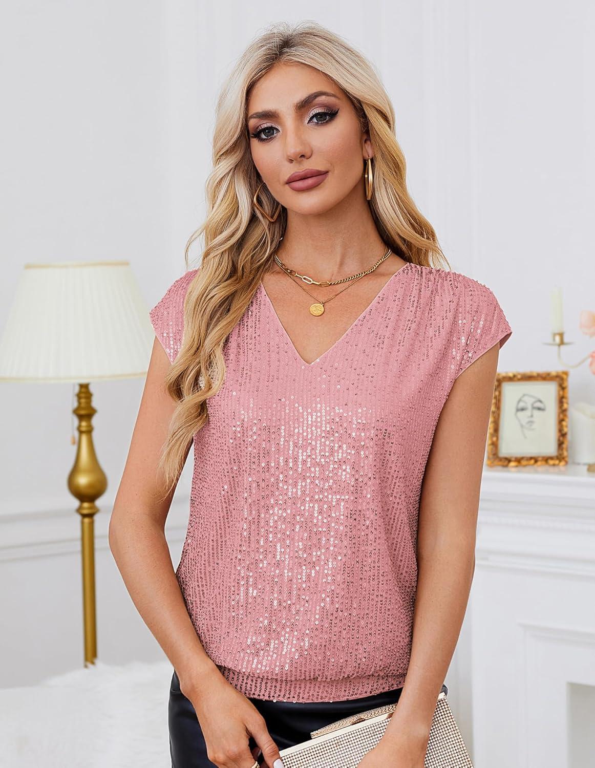 imageGRACE KARIN V Neck Sequin Short Sleeve Tops for Women Elastic Sparkly Tank Top for PartyLight Pink