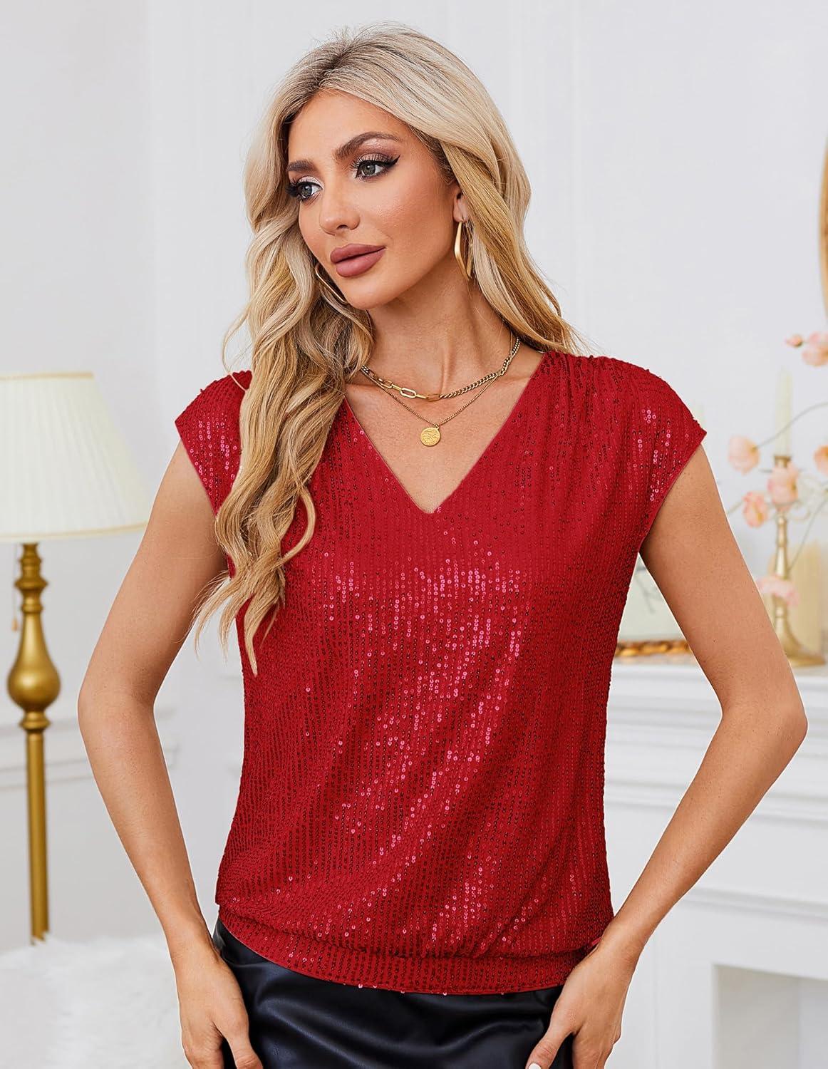 imageGRACE KARIN V Neck Sequin Short Sleeve Tops for Women Elastic Sparkly Tank Top for PartyRed