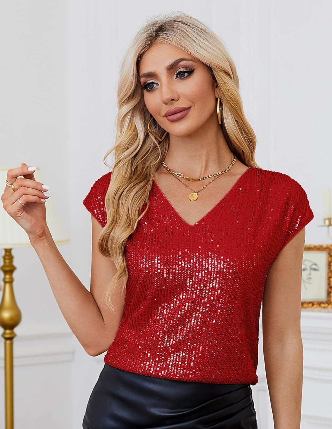 imageGRACE KARIN V Neck Sequin Short Sleeve Tops for Women Elastic Sparkly Tank Top for PartyRed