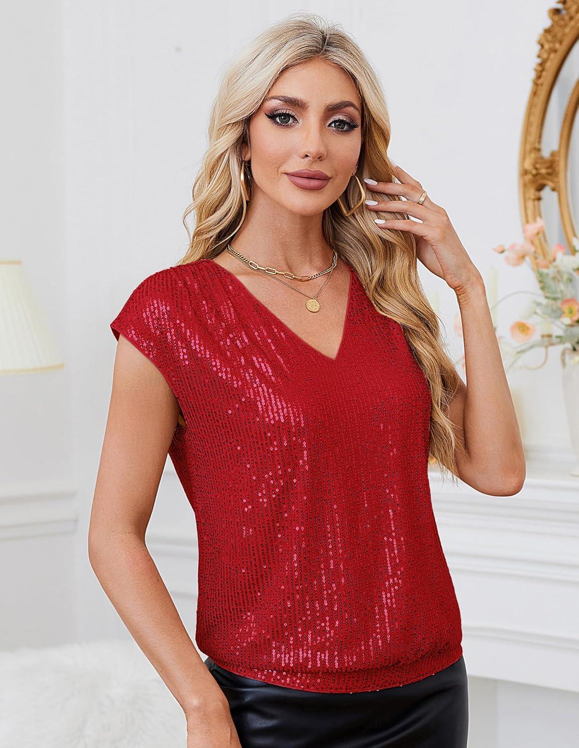 imageGRACE KARIN V Neck Sequin Short Sleeve Tops for Women Elastic Sparkly Tank Top for PartyRed