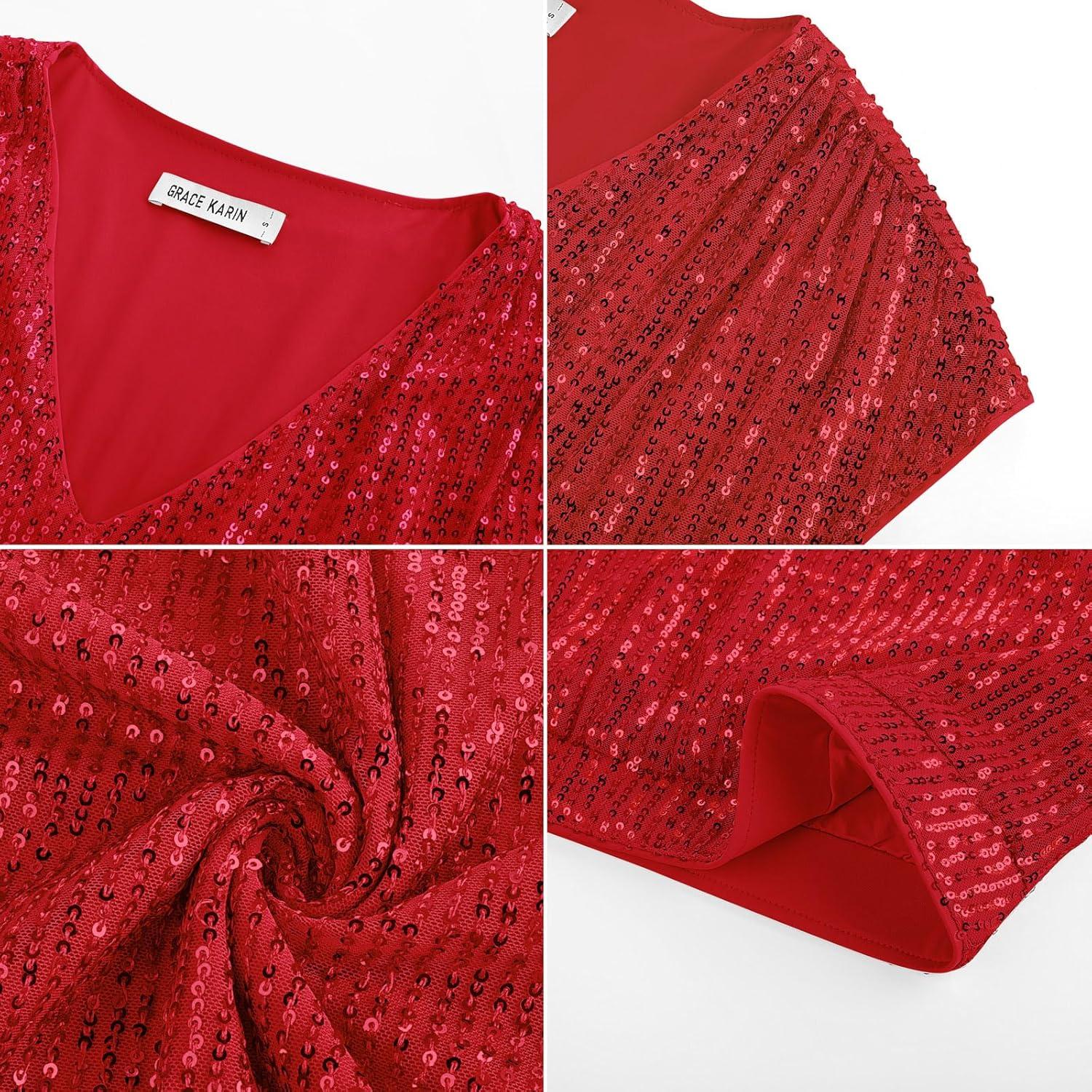 imageGRACE KARIN V Neck Sequin Short Sleeve Tops for Women Elastic Sparkly Tank Top for PartyRed