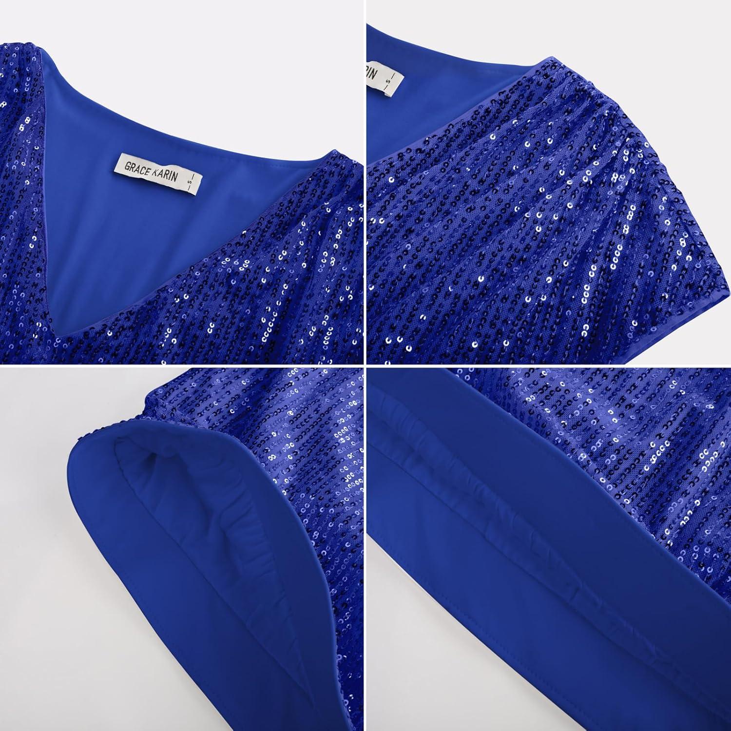 imageGRACE KARIN V Neck Sequin Short Sleeve Tops for Women Elastic Sparkly Tank Top for PartyRoyal Blue